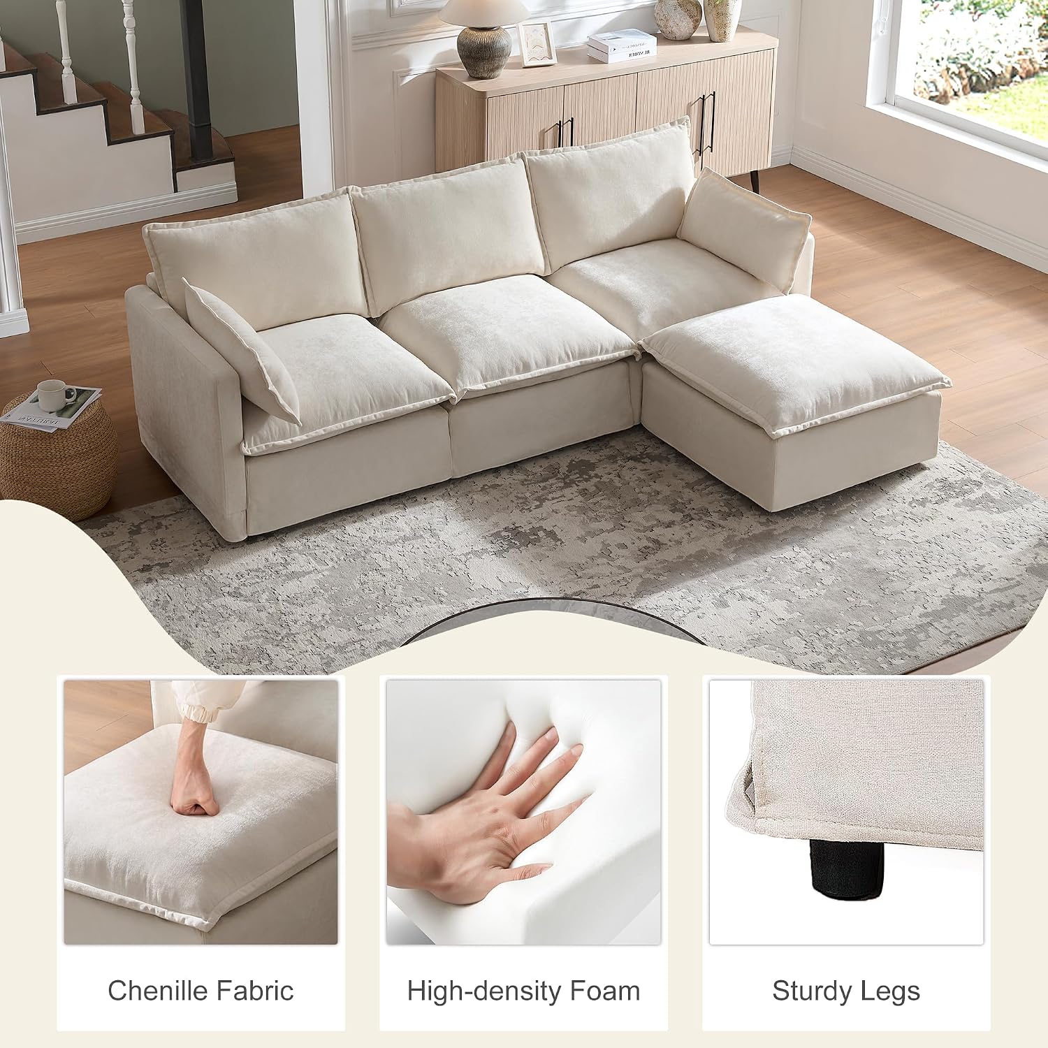 93.31' Inch L-Shaped Couch Sofa with Movable Ottoman, Modular Sectional Sofa with 4 Seats and Pillows for Living Room, Modern Chenille Fabric Large Comfy Cloud Couch DIY Combination (Beige-93inch)