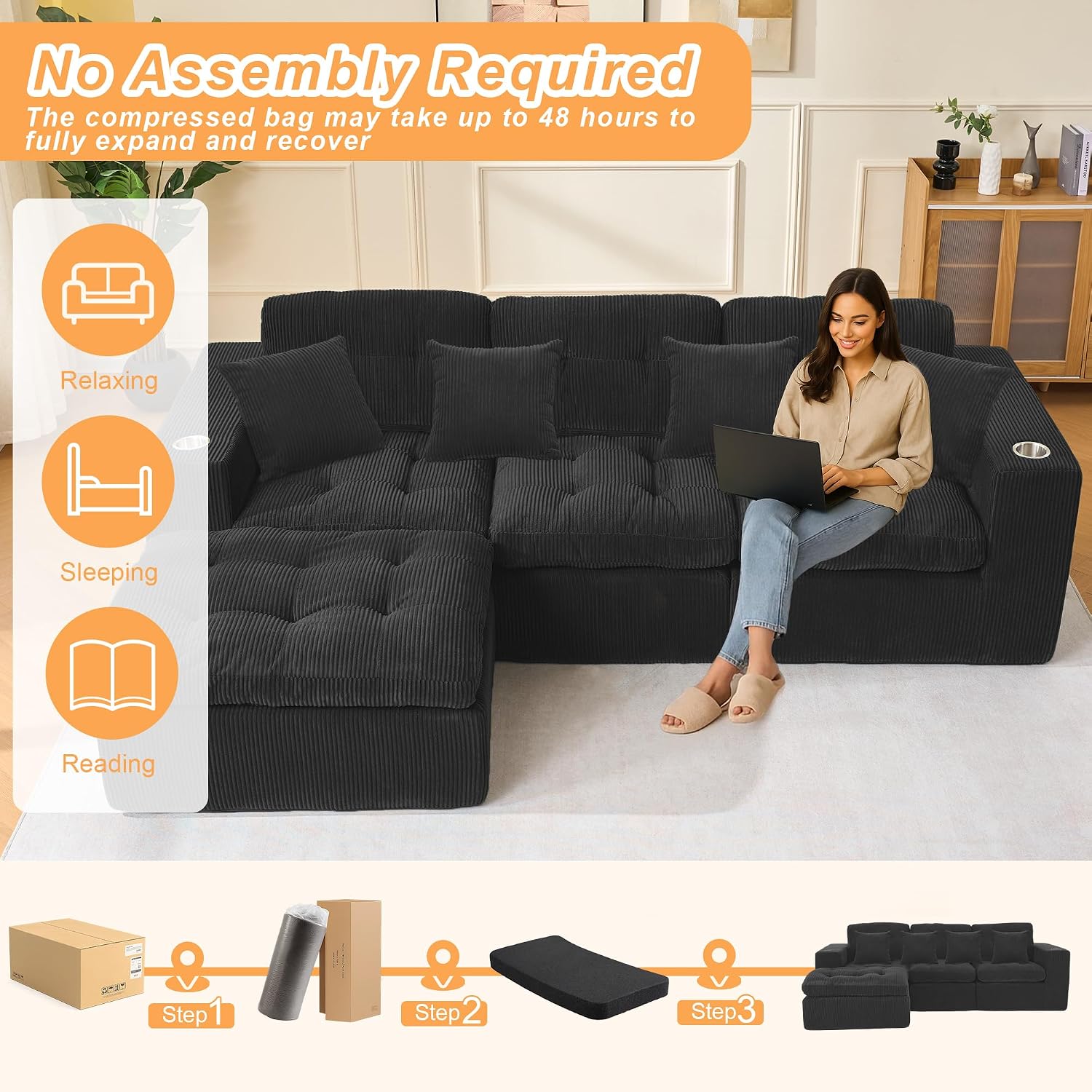 Modular Cloud 3 Seater Boneless L-Shaped Sectional Sofa, Comfy Modern Design with Ergonomic Support & Free Combination for Living Room/Bedroom/Apartment (Matte Black)
