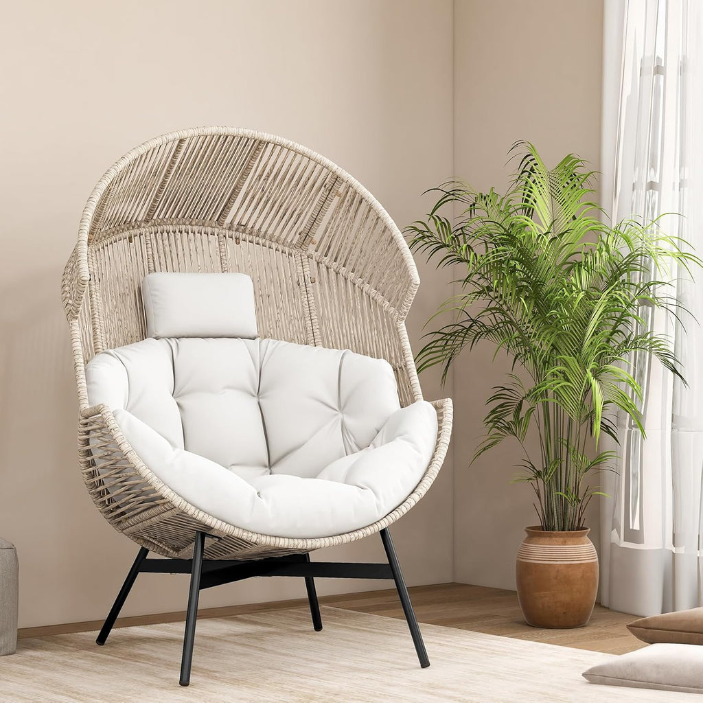 Tangkula Oversized Egg Style Chair, Wicker Stationary Patio Egg Chair w/Cushions & Headrest, Heavy-Duty Metal Frame, Patio Lounge Basket Sofa Chair for Yard, Porch, Living Room (Off White)