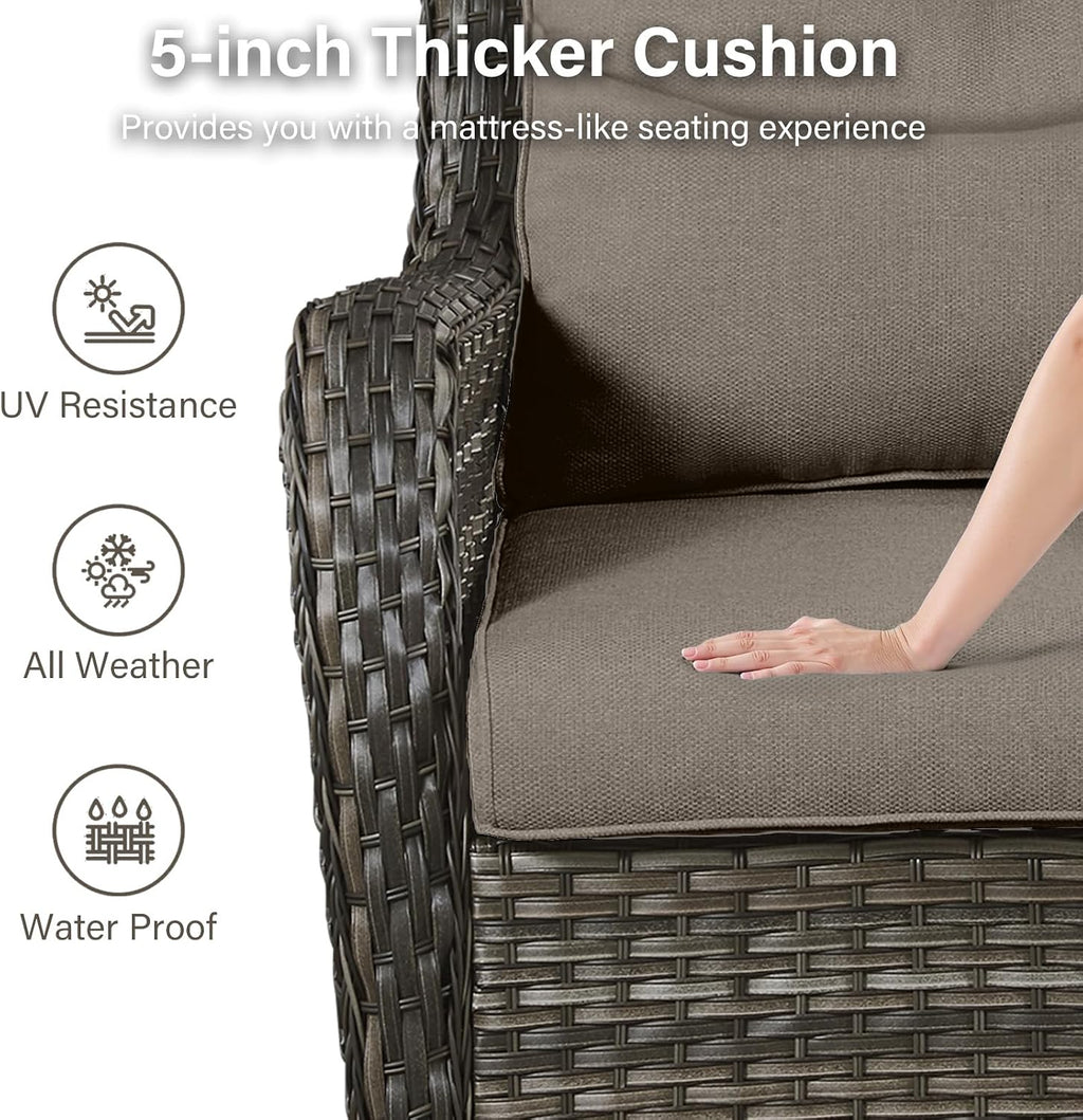Outdoor Swivel Rocker Patio Chairs with 5' Thick Cushion - 3 Piece Wicker Bistro Set with Side Table, High Back Comfty Outdoor Glider Chairs for Balcony, Porch, Deck, Poolside - Brown-Gray