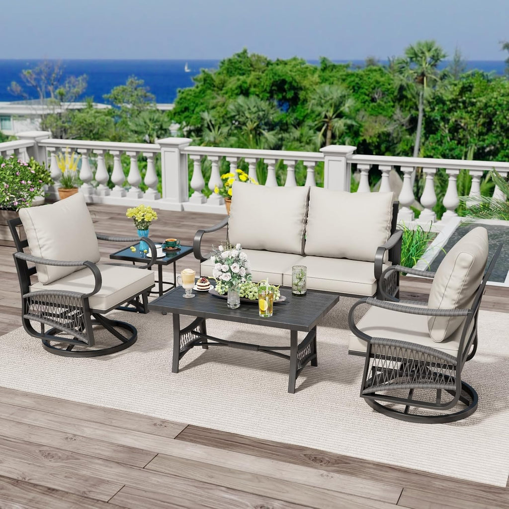 5 Piece Patio Furniture Set, Outdoor All Weather Conversation Sofa Set with 2 Swivel Chairs, Rope Braided Design and Thick Cushions for Garden, Porch, Lawn, Beige