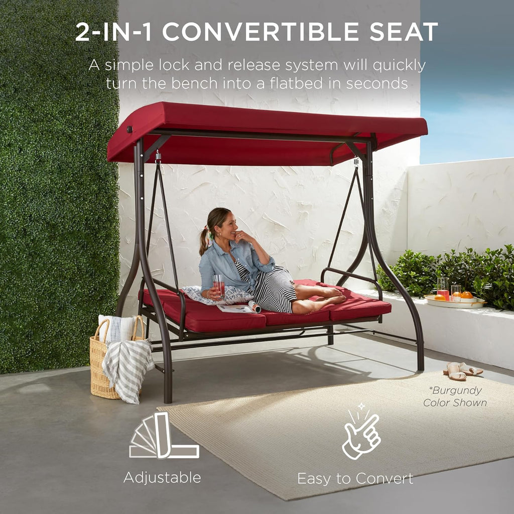Best Choice Products 3-Seat Outdoor Large Converting Canopy Swing Glider, Patio Hammock Lounge Chair for Porch, Backyard w/Flatbed, Adjustable Shade, Removable Cushions - Desert Taupe
