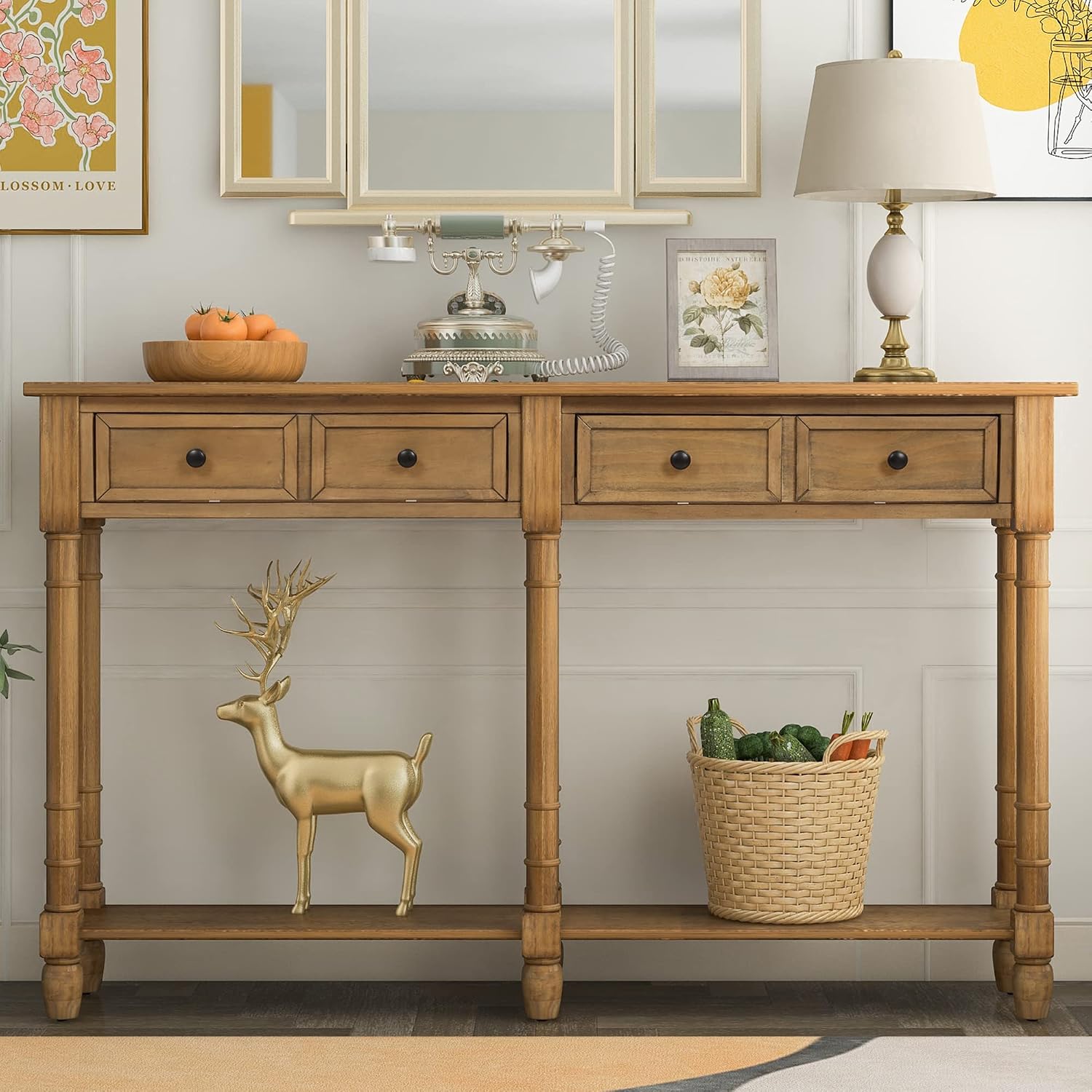 Merax Console Table Sofa Table with Two Storage Drawers and Bottom Shelf for Living Room, Entryway, Easy Assembly (Old Pine)