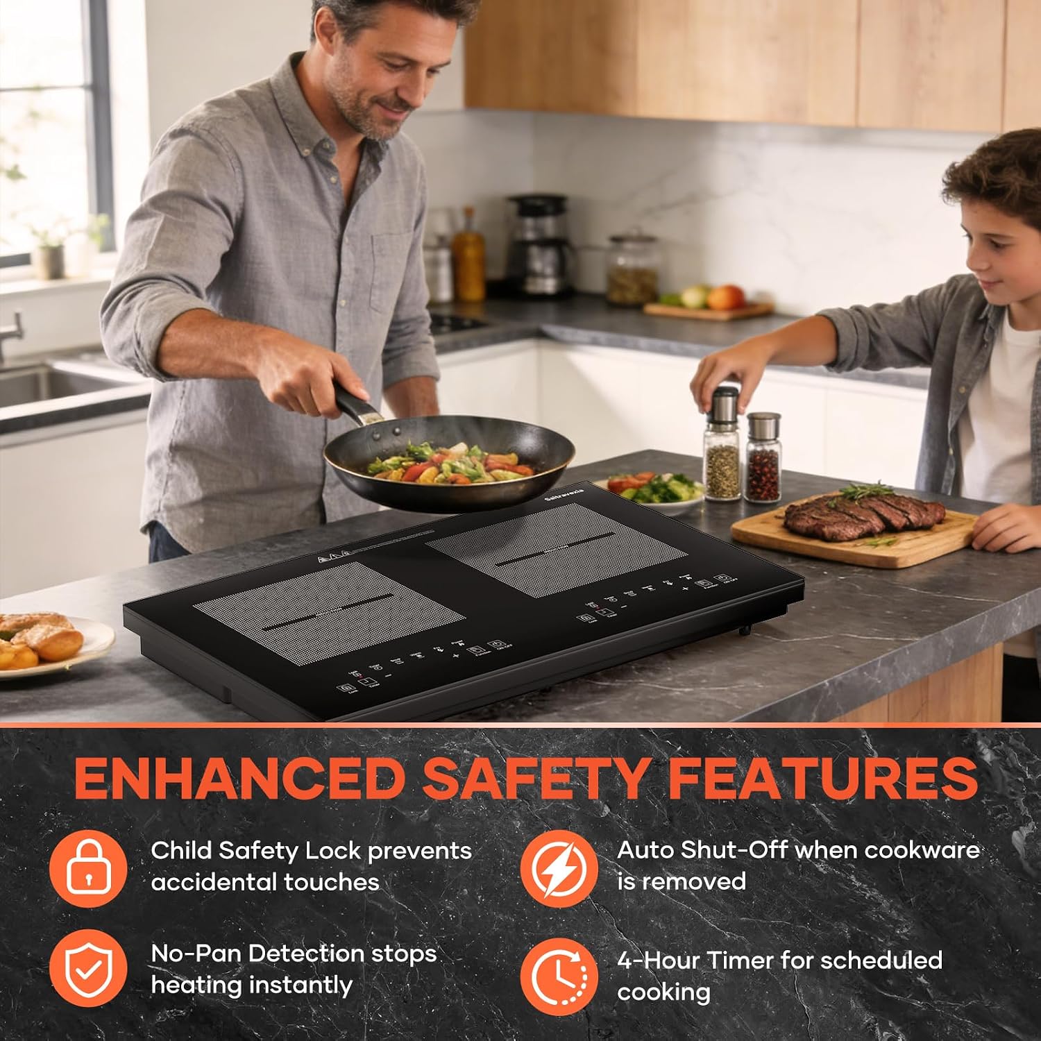 Double Induction Cooktop 1800W, Portable 2 Burner Electric Cooktop with Full Touch Control, 10 Power Levels, 4-Hour Timer, Safety Lock, 110-120V