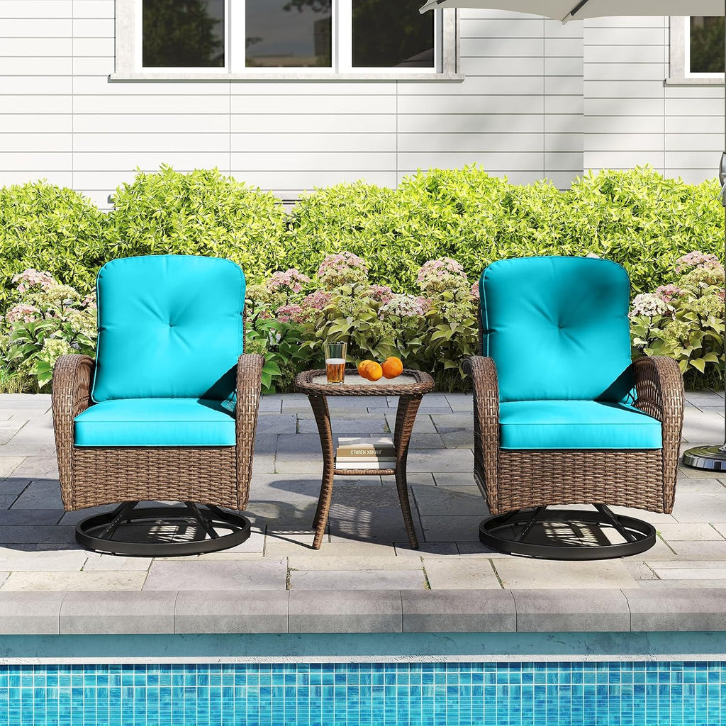 ORALNER 3 Pieces Wicker 360° Swivel Rocker Set Patio Furniture, Rocking Chairs with Cushions, Tempered Glass Coffee Table, Outdoor Rattan Bistro Set for Balcony Front Porch Deck Poolside (Turquoise)
