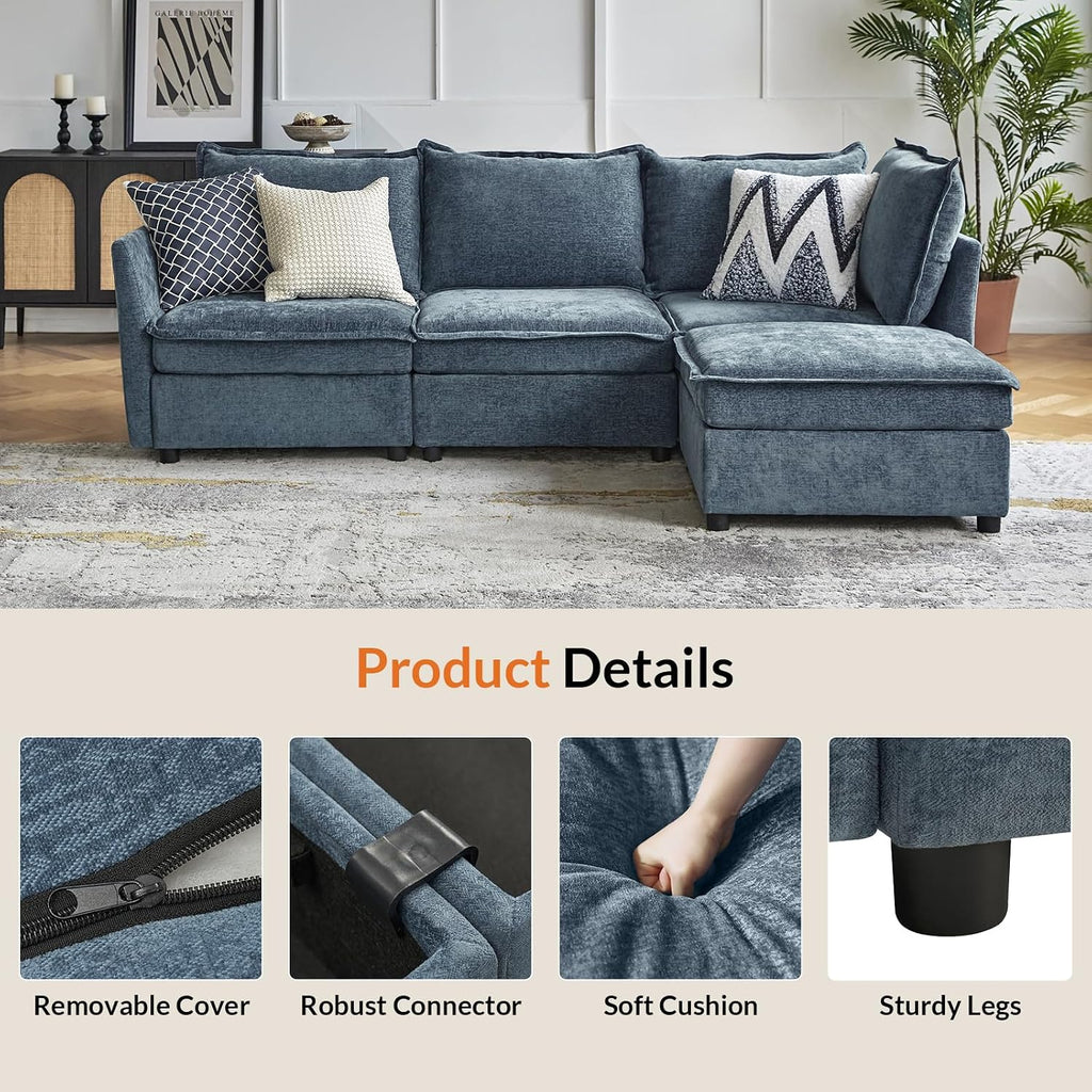 HULALA HOME Modern Middle Module for Sectional Sofa Couch, Armless Loveseat Sofa, 2 Seat Included, Blue