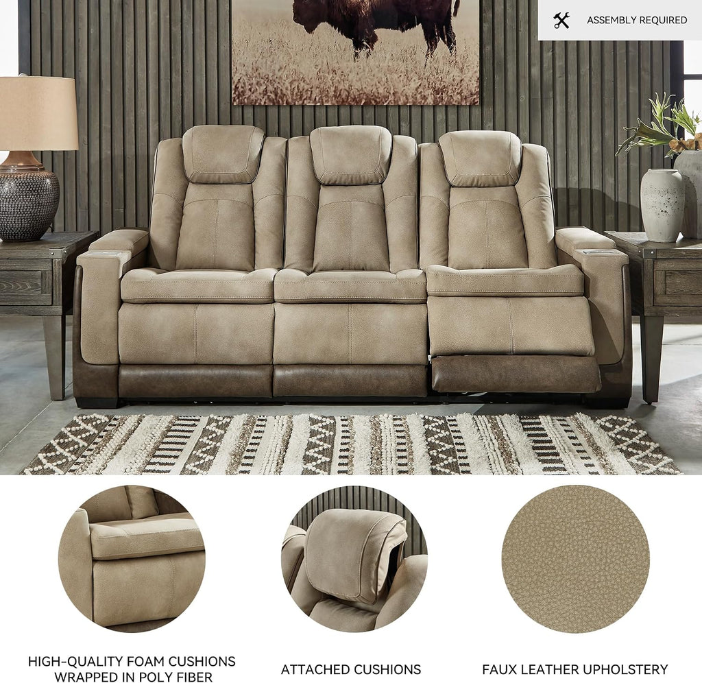 Signature Design by Ashley Next-Gen DuraPella Power Reclining Sofa – Wireless & USB Charging, Zero-Gravity, Adjustable Headrest, Water-Repellent Faux Leather, Drop-Down Table, Beige/Brown, 86'