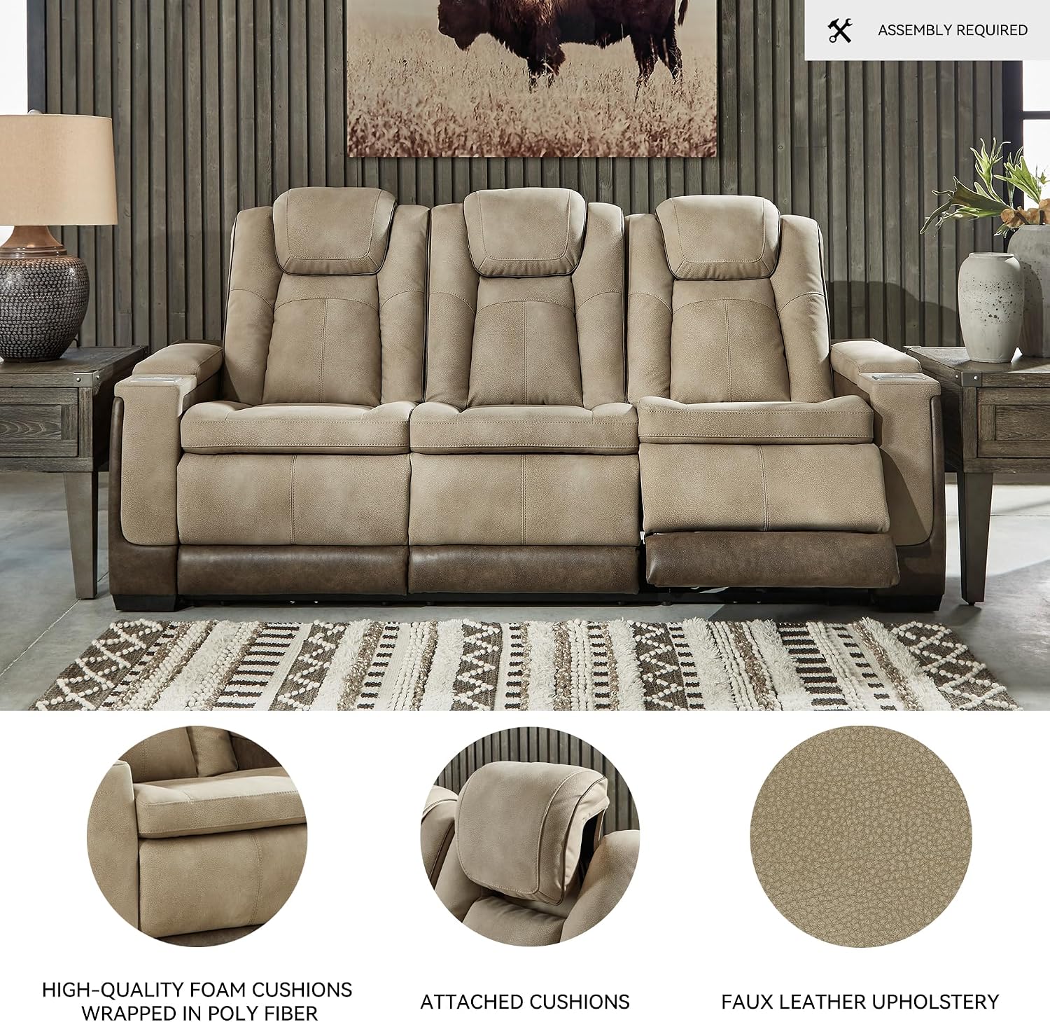 Signature Design by Ashley Next-Gen DuraPella Power Reclining Sofa – Wireless & USB Charging, Zero-Gravity, Adjustable Headrest, Water-Repellent Faux Leather, Drop-Down Table, Beige/Brown, 86'