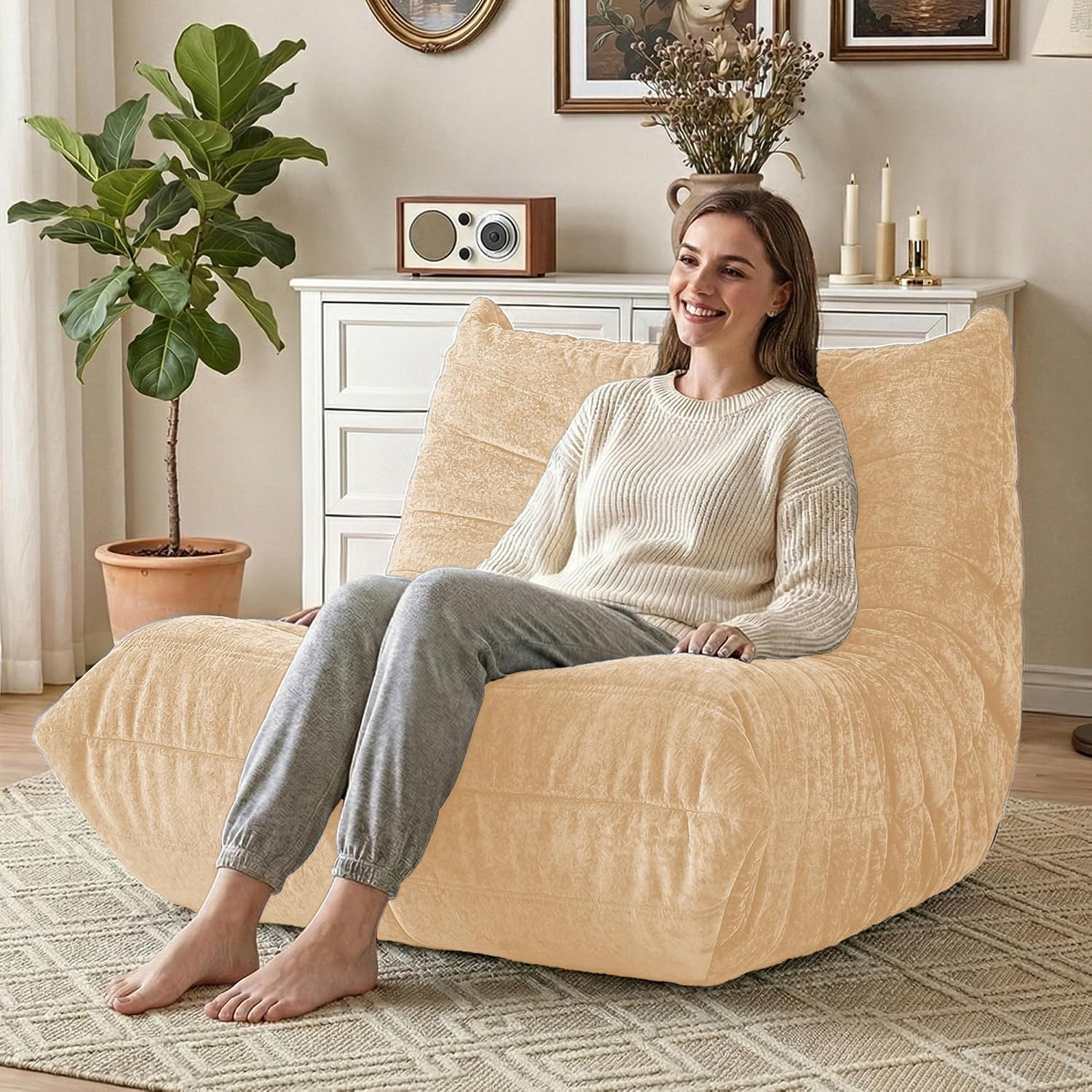 HABUTWAY Bean Bag Chair, Giant Bean Bag Chairs for Adults, Bean Bag Sofa with Filler Faux Fur, Memory Foam Bean Bag Couches Fireside Lazy Sofa for Living Room, Bedroom, Office (Khaki)