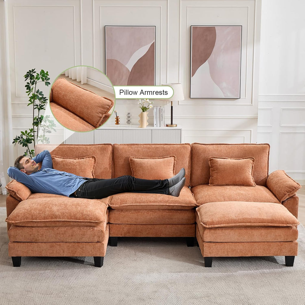 Oprisen 120' Modular Sectional Sofa, Comfy Cloud Couch Sectional Sofa with Ottoman, Chenille Sofa Sleeper Deep Seat Sofa with Throw Pillows for Living Room (Orange, 120'- U Shape)