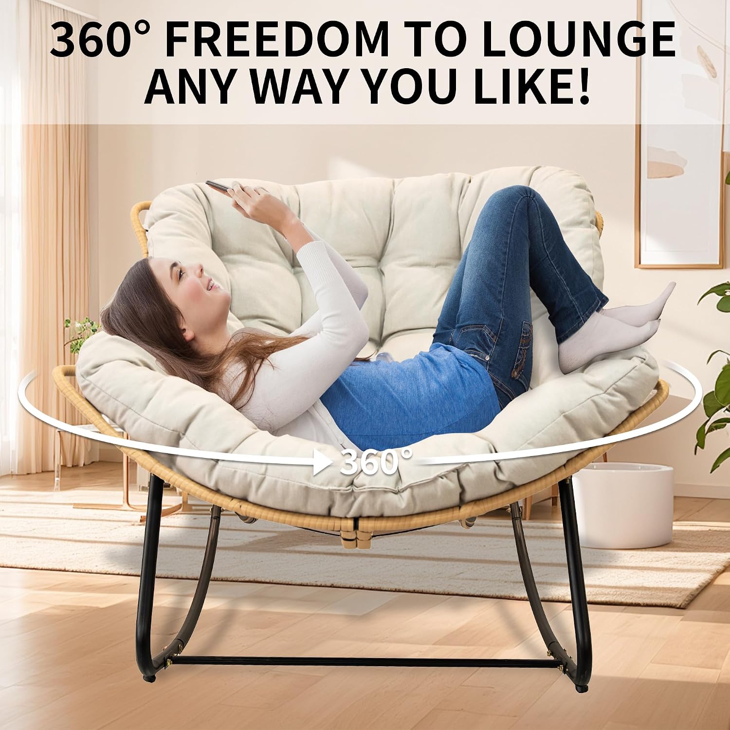 Outdoor Rocking Chair, Patio Egg Rocking Chair, Indoor Papasan Chair, Rattan Wicker Lounge Chair, Modern Royal Chair for Bedroom, Living Room, Porch, Garden,Lawn (41.3' Beige)