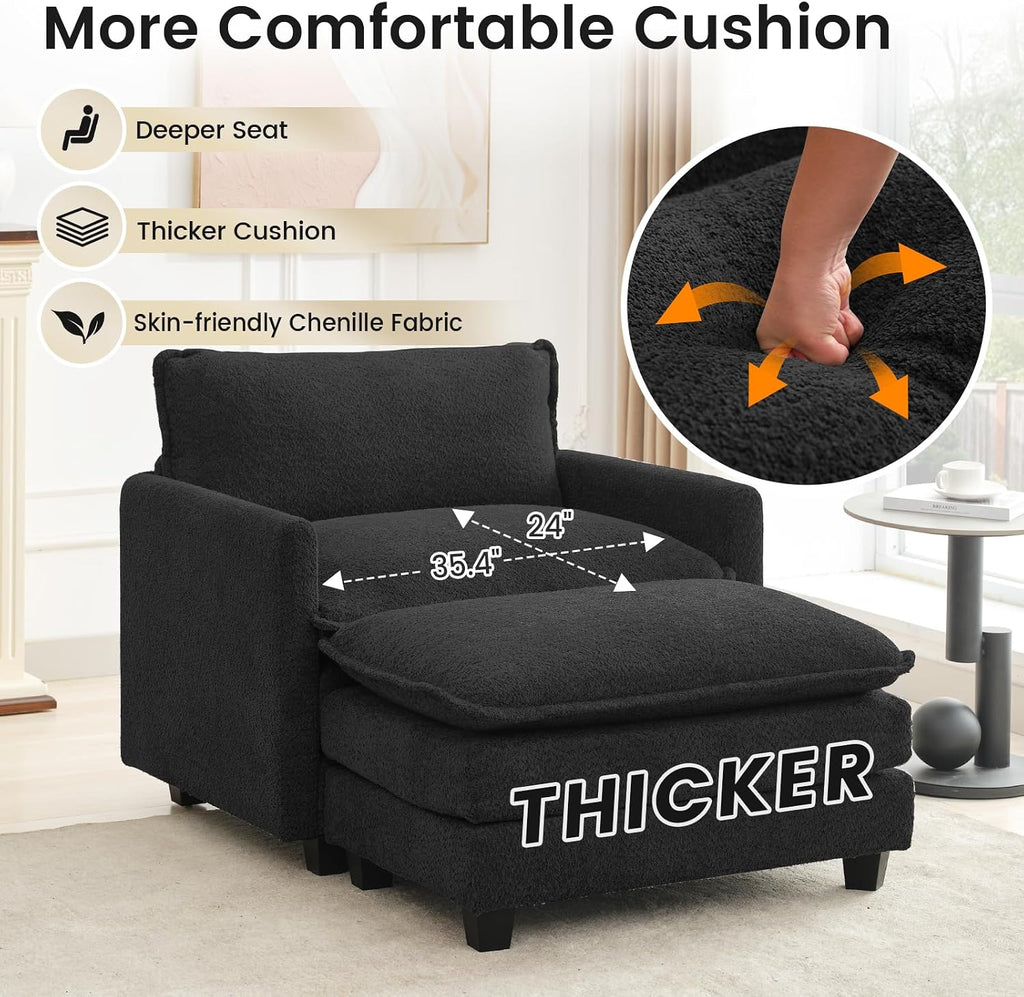 ROWHY Convertible Sectional Couch with Ottoman, Single Armchair with armrests, Modern Living Room Furniture Set, Small Couches for Small Spaces, for Living Room, Chenille, Black
