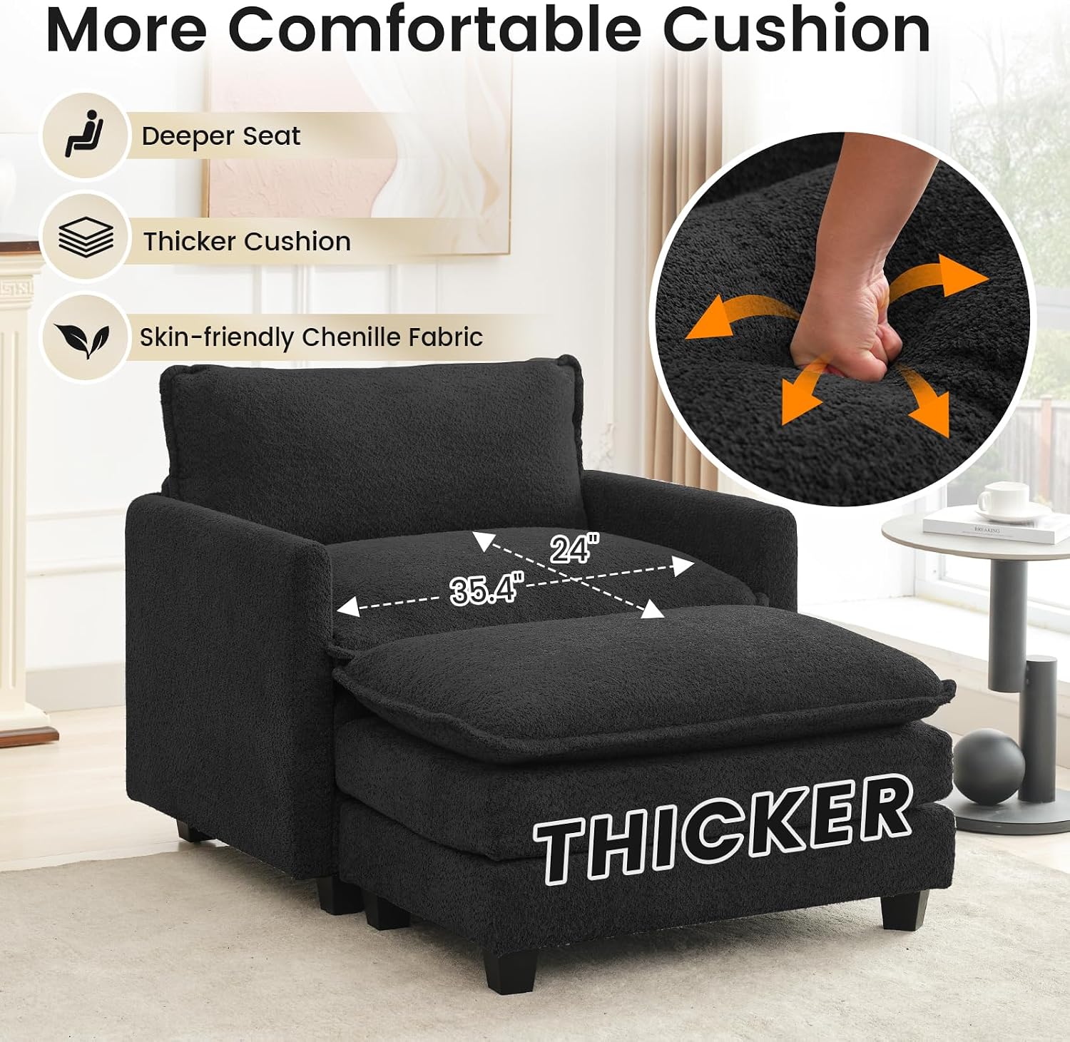 ROWHY Convertible Sectional Couch with Ottoman, Single Armchair with armrests, Modern Living Room Furniture Set, Small Couches for Small Spaces, for Living Room, Chenille, Black