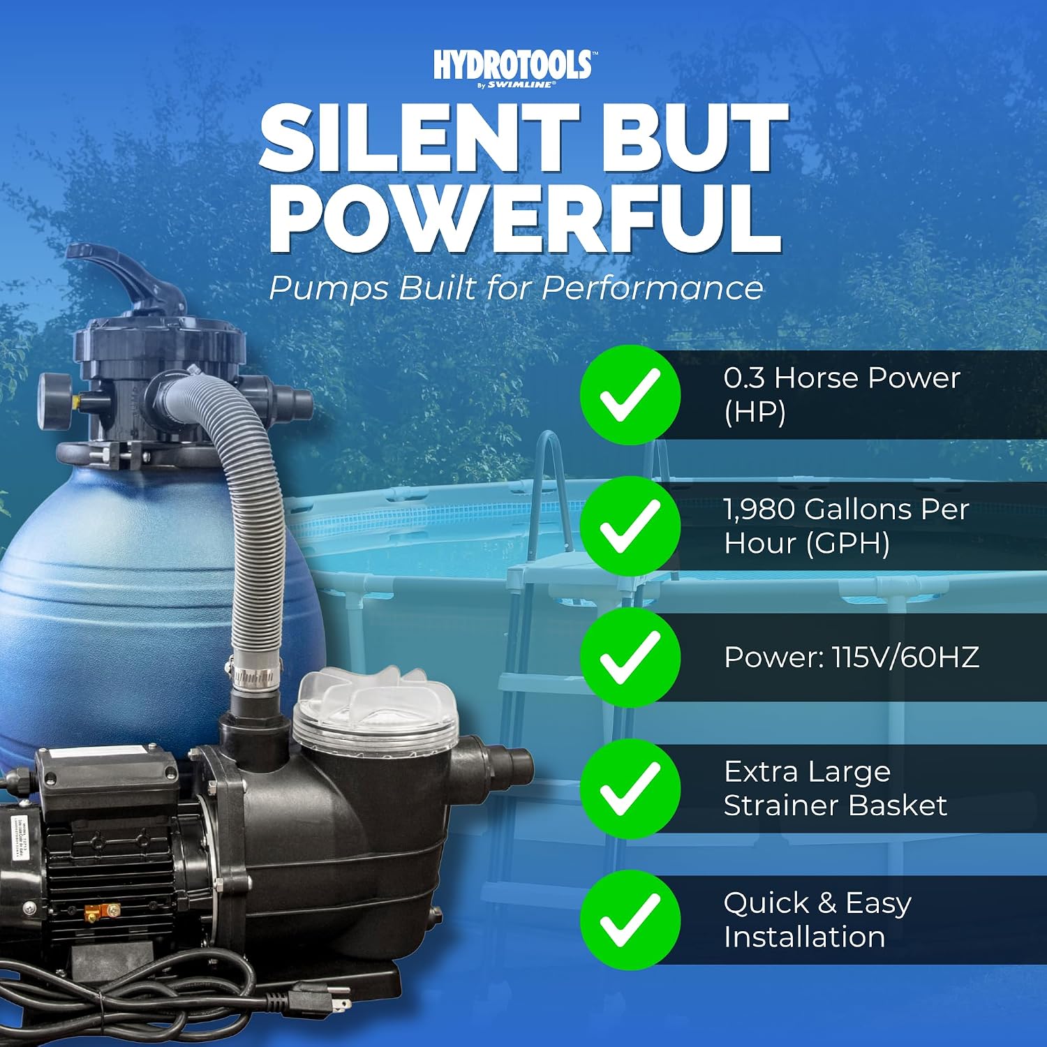 SWIMLINE Sand Filter Pump for Above Ground Pool - 12'', 0.3 THP, 2220 GPH Pump flow rate 4 way Multi port valve, Easy Installation