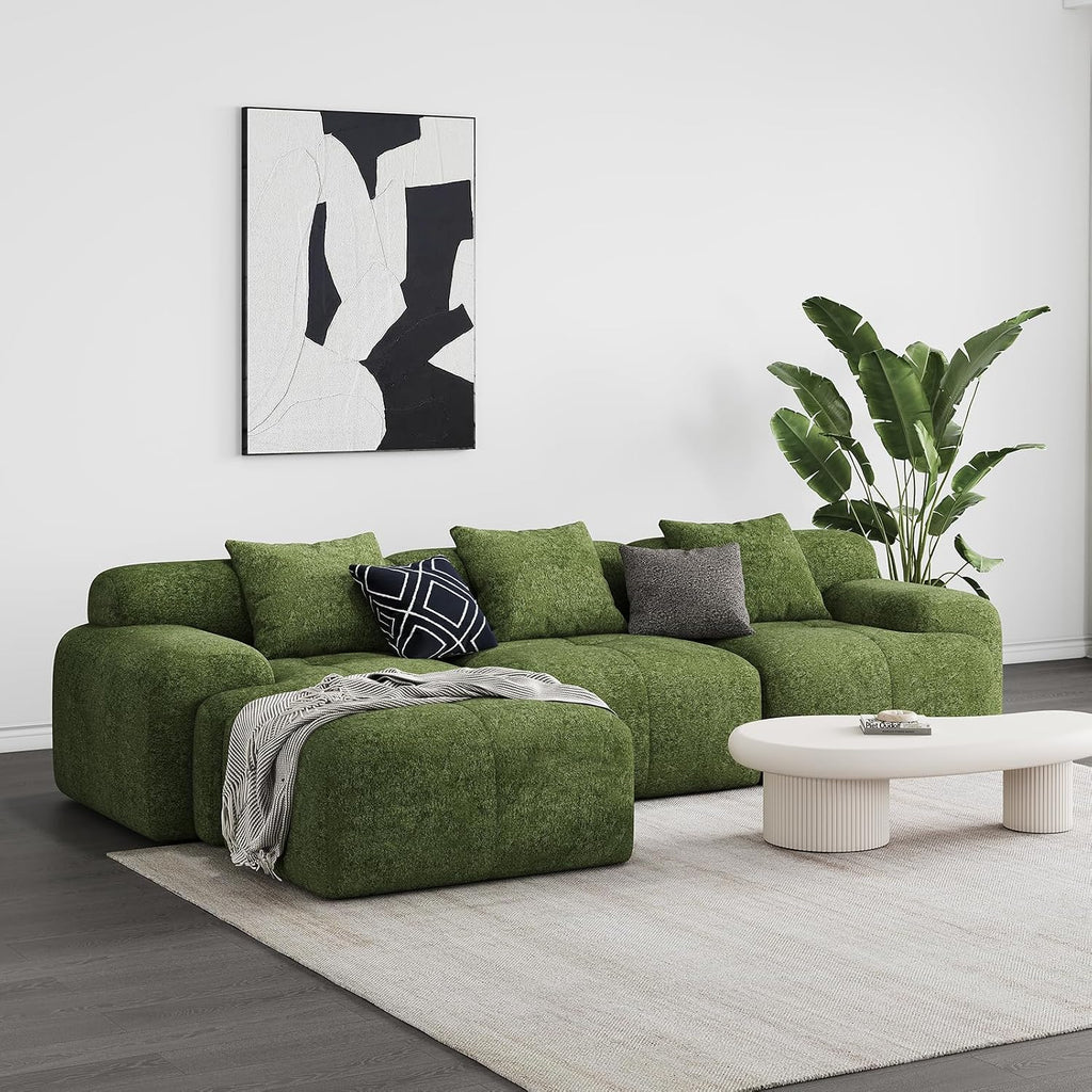 118'' Modern L-Shaped Modular Sectional Sofa for Living Room，Oversized 3-Seater Couch with Deep Seat and Movable Ottoman – No Assembly,Comfortable Chenille Fabric Boneless Sofa (Dark Green)