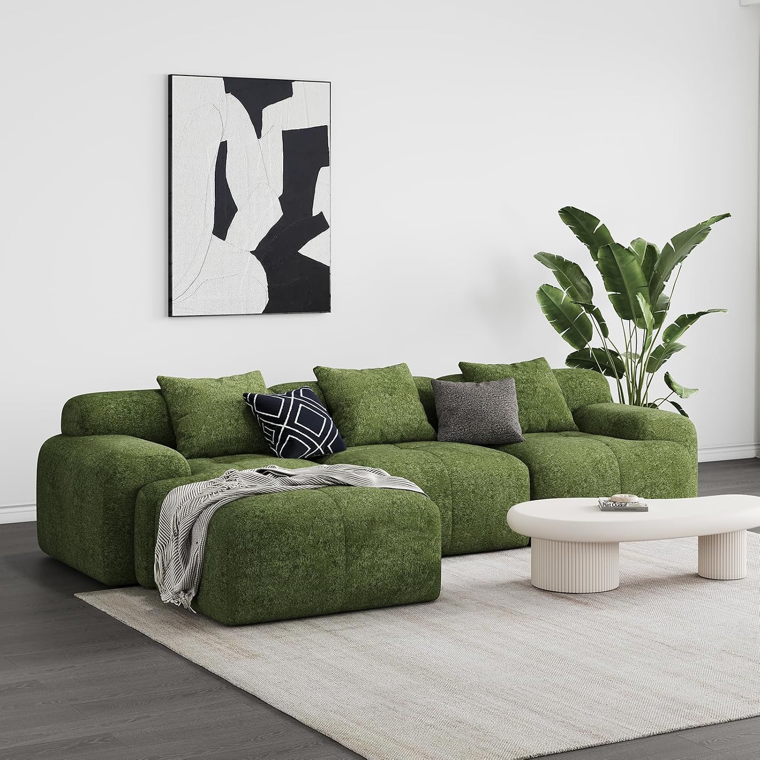 118'' Modern L-Shaped Modular Sectional Sofa for Living Room，Oversized 3-Seater Couch with Deep Seat and Movable Ottoman – No Assembly,Comfortable Chenille Fabric Boneless Sofa (Dark Green)