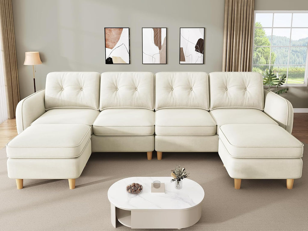 DWVO 107'' Modular Sectional Sofa, 6-Seater Sectional Couch with Curved Armrests and 4 Pillows, Convertible U Shaped Couch with High-Density Memory Foam for Living Room, Beige