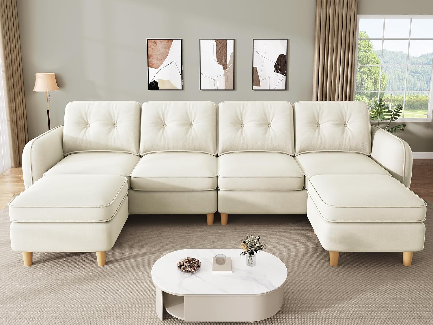 DWVO 107'' Modular Sectional Sofa, 6-Seater Sectional Couch with Curved Armrests and 4 Pillows, Convertible U Shaped Couch with High-Density Memory Foam for Living Room, Beige