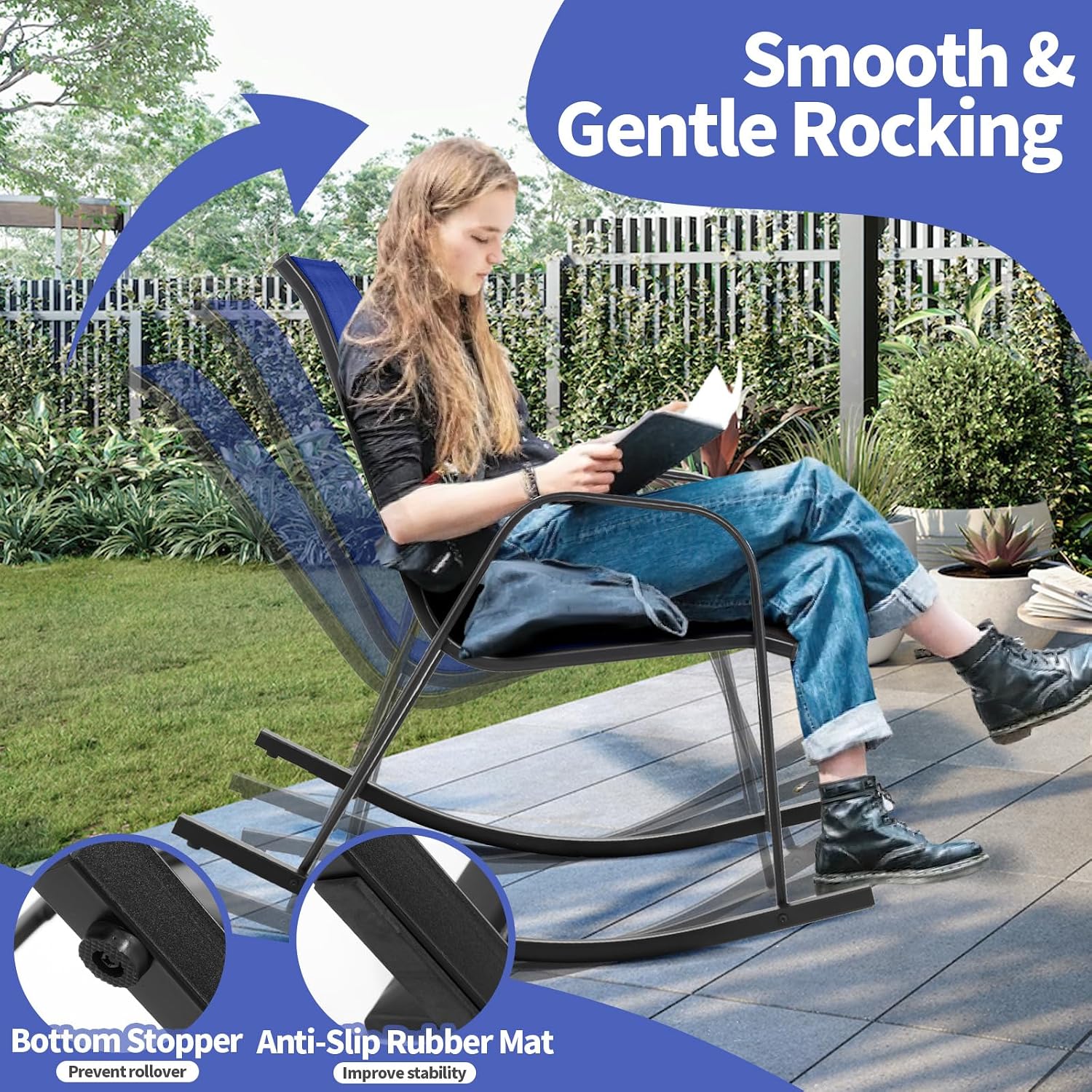 Giantex Outdoor Rocking Chairs Set of 2, Patio Rocking Chairs w/Breathable Seat & Back, Heavy-Duty Metal Support, Ergonomic Outside Rocker for Backyard, Poolside, Garden, Navy