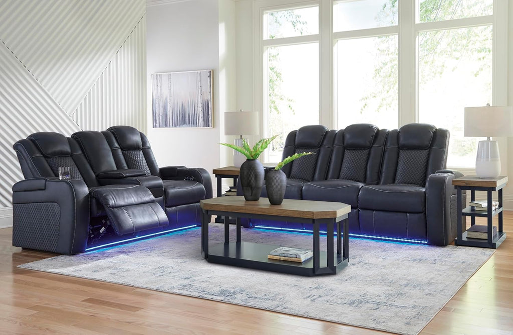 Signature Design by Ashley Fyne-Dyme Power Reclining Sofa with USB Ports and Adjustable Headrest, Drop Down Table, Faux Leather, 21' Seat Height, Blue
