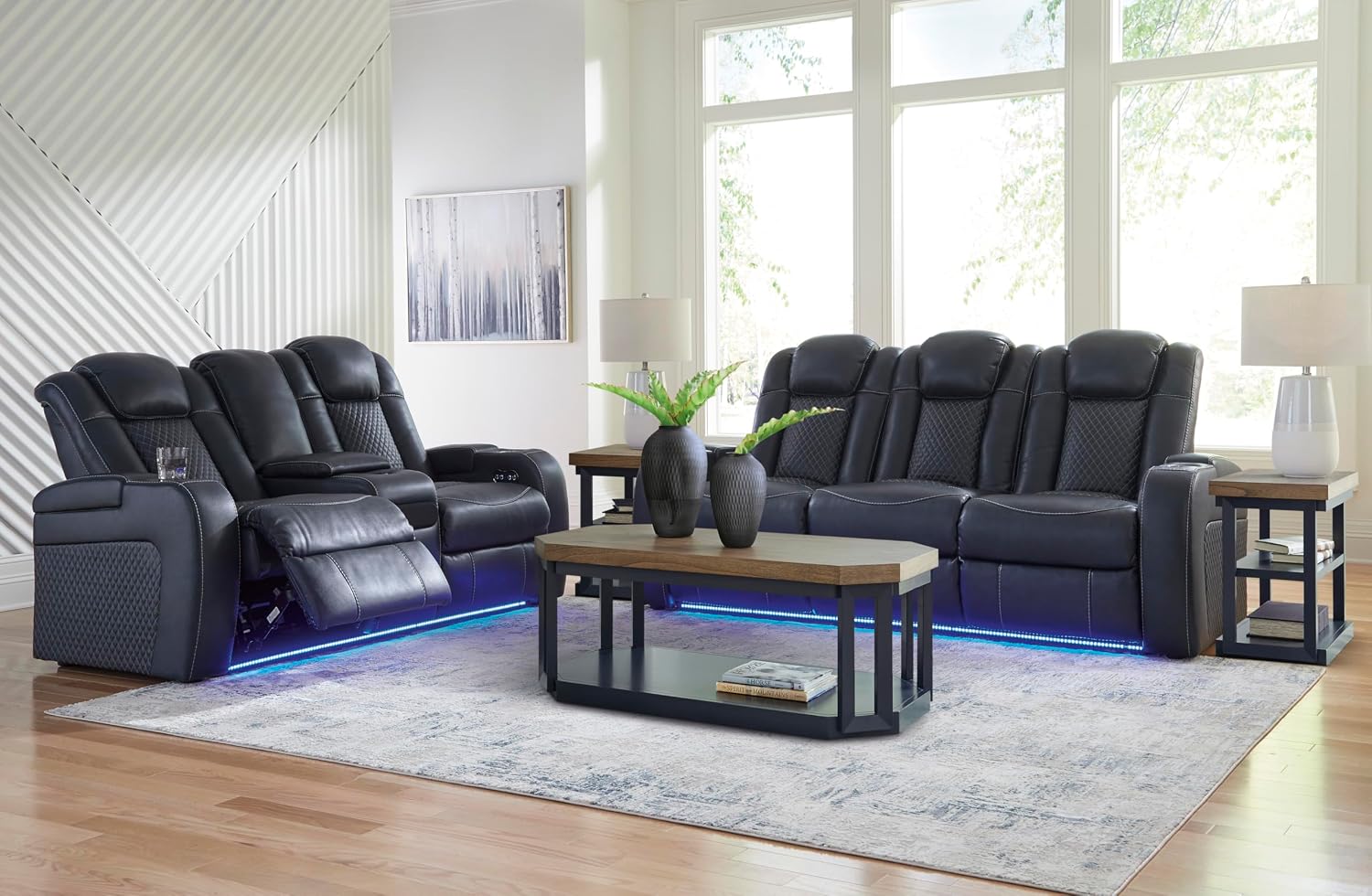 Signature Design by Ashley Fyne-Dyme Power Reclining Sofa with USB Ports and Adjustable Headrest, Drop Down Table, Faux Leather, 21' Seat Height, Blue