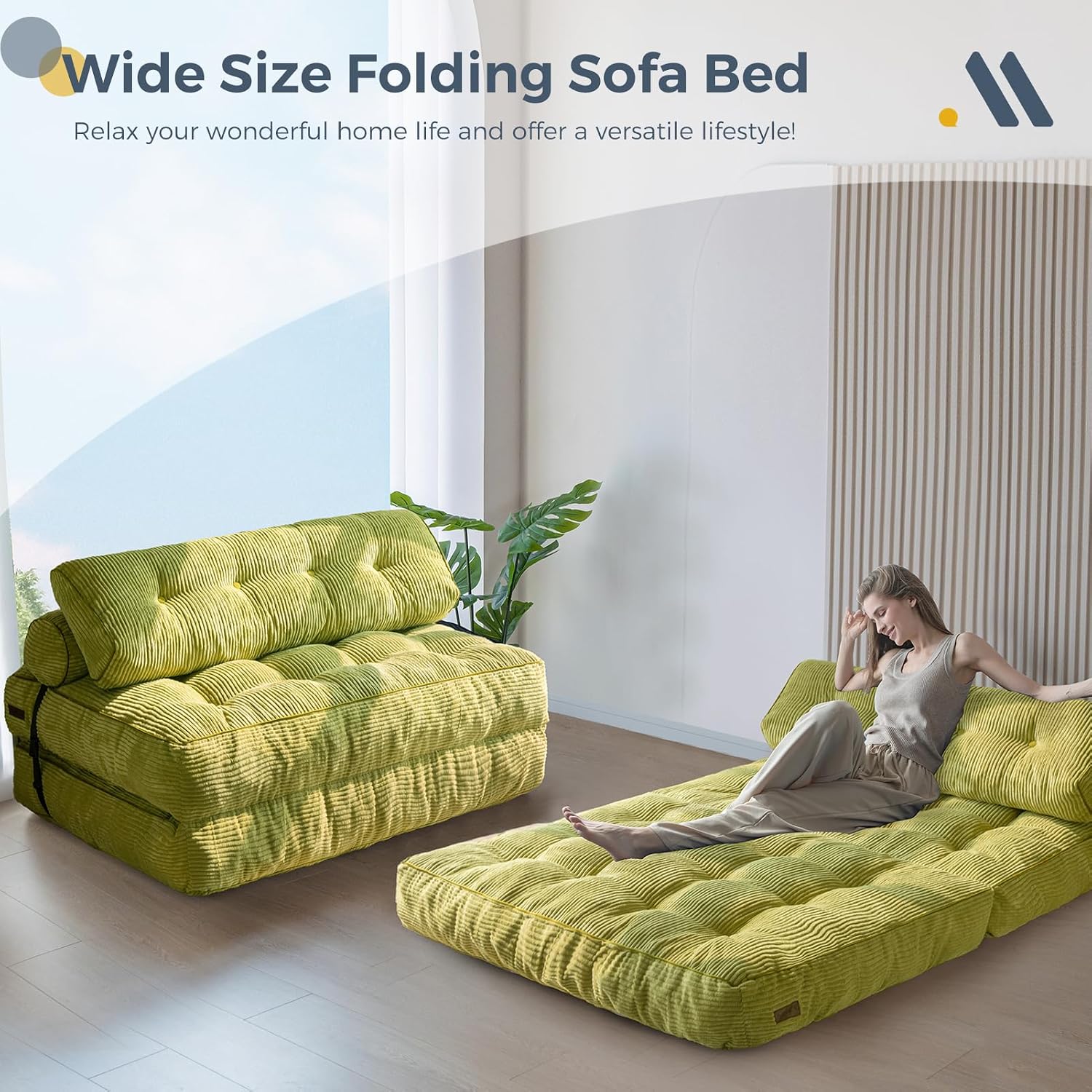 MAXYOYO Folding Sofa Bed, Convertible Sleeper Chair with Pilow Foldable Mattress with Back Support, Portable Fold Out Chair Bed for Living Room Bedroom, Green Double