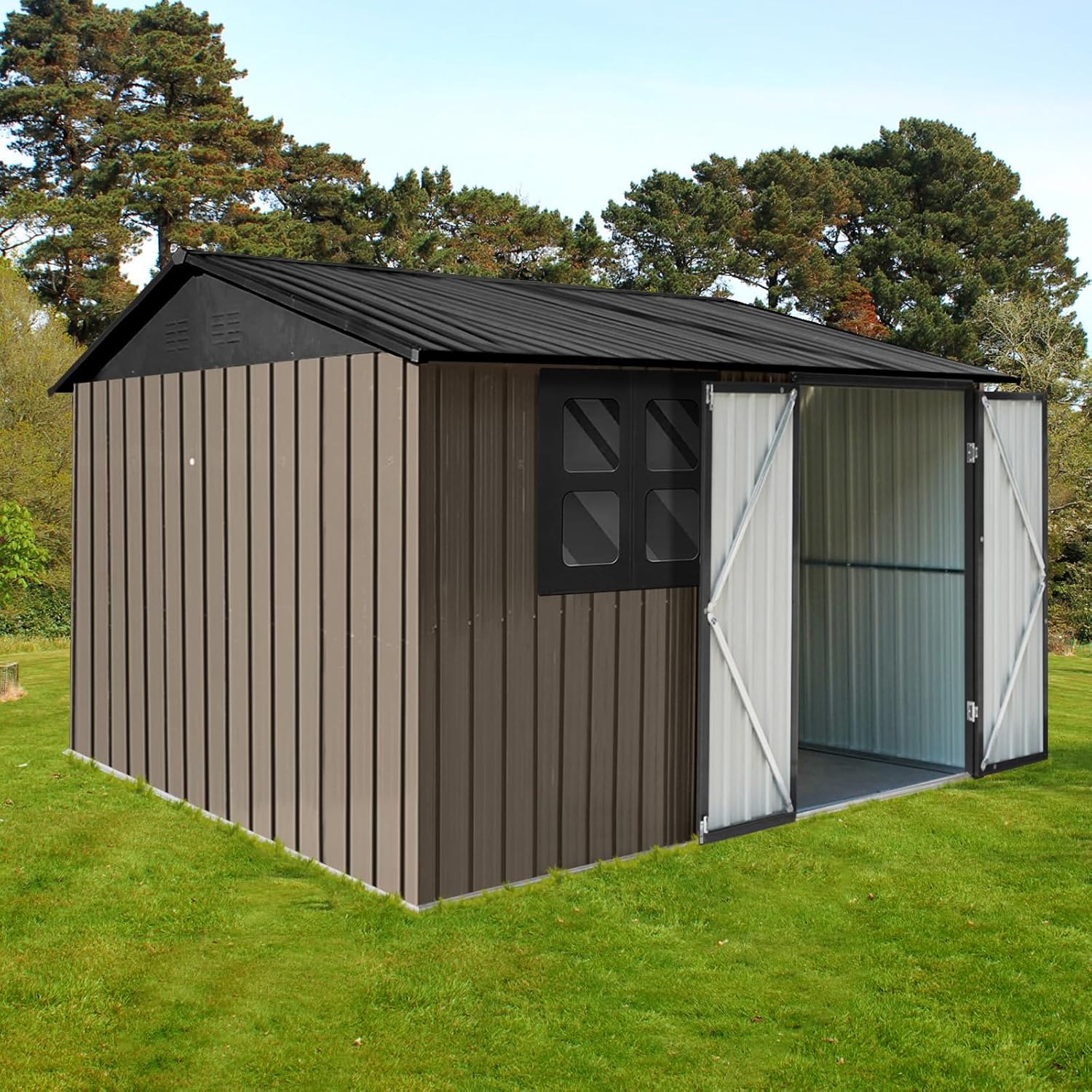 Ball & Cast 6x8 FT Metal Frame Garden Sheds with Lockable Doors and Window,Outdoor Single-Storey Roofed Storage Shed,w/Waterproof Roofs,for Storing Bicycles,Lawnmowers,Barbeques,Brown