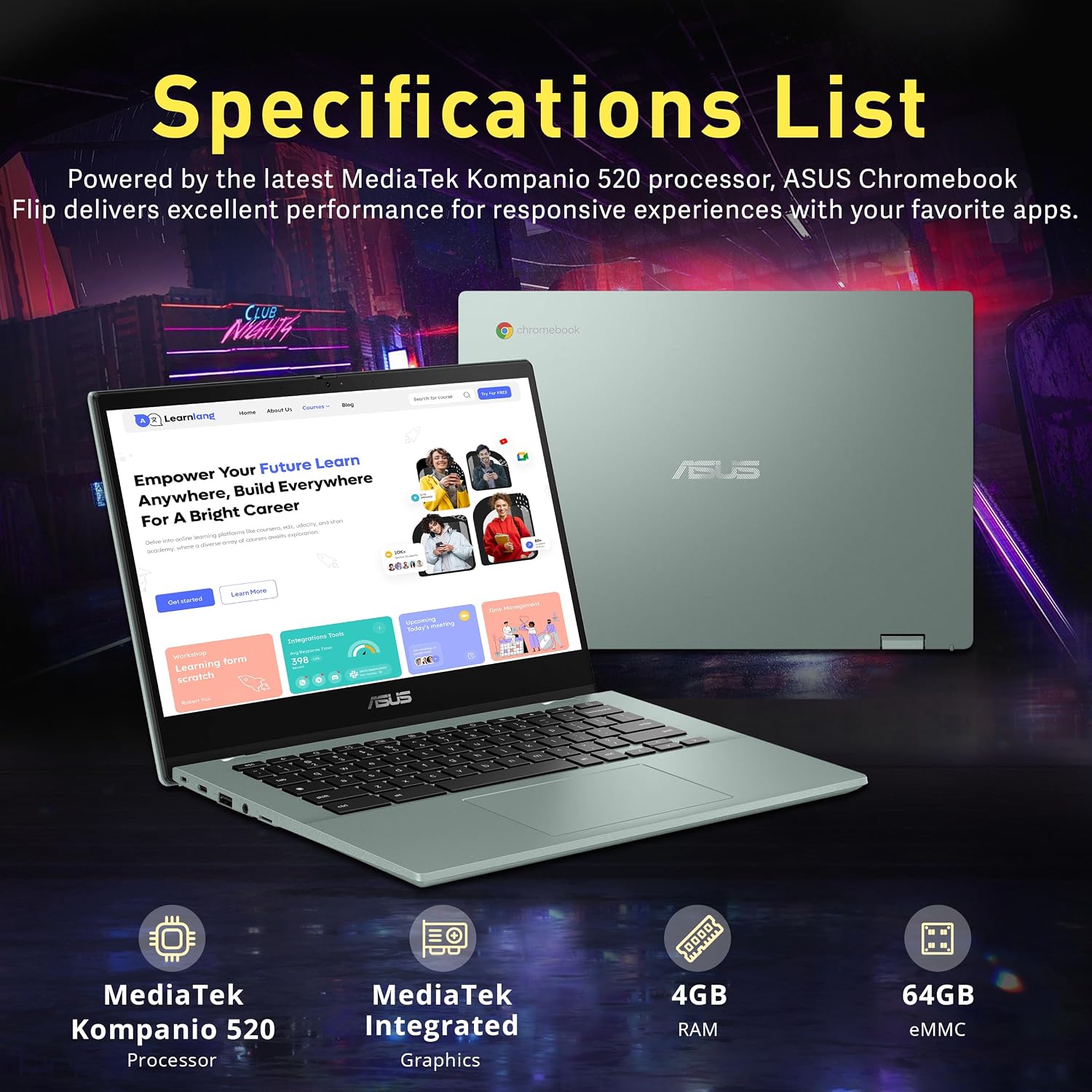 ASUS Chromebook Flip 14' FHD Touchscreen Laptop, MediaTek Kompanio 520, 4GB LPDDR4X, 64GB eMMC, MediaTek Integrated Graphics, 720p HD Webcam, WiFi 6, Long Battery Life, Chrome OS, Gray Green (Renewed)