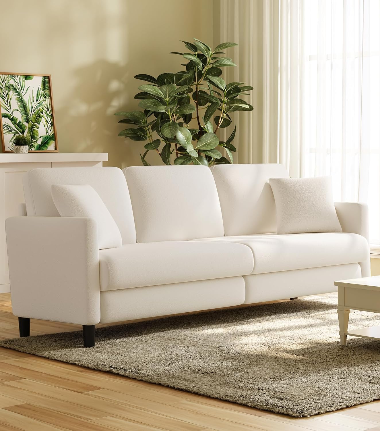 Welzona 83' Couches for Living Room, Teddy Sofa Couch, Comfy Sofas for Living Room, Tool-Free Setup Loveseat Sofa, All-Wood Love Seat Couches, Small Couch 2 Pillows Included, Cream White