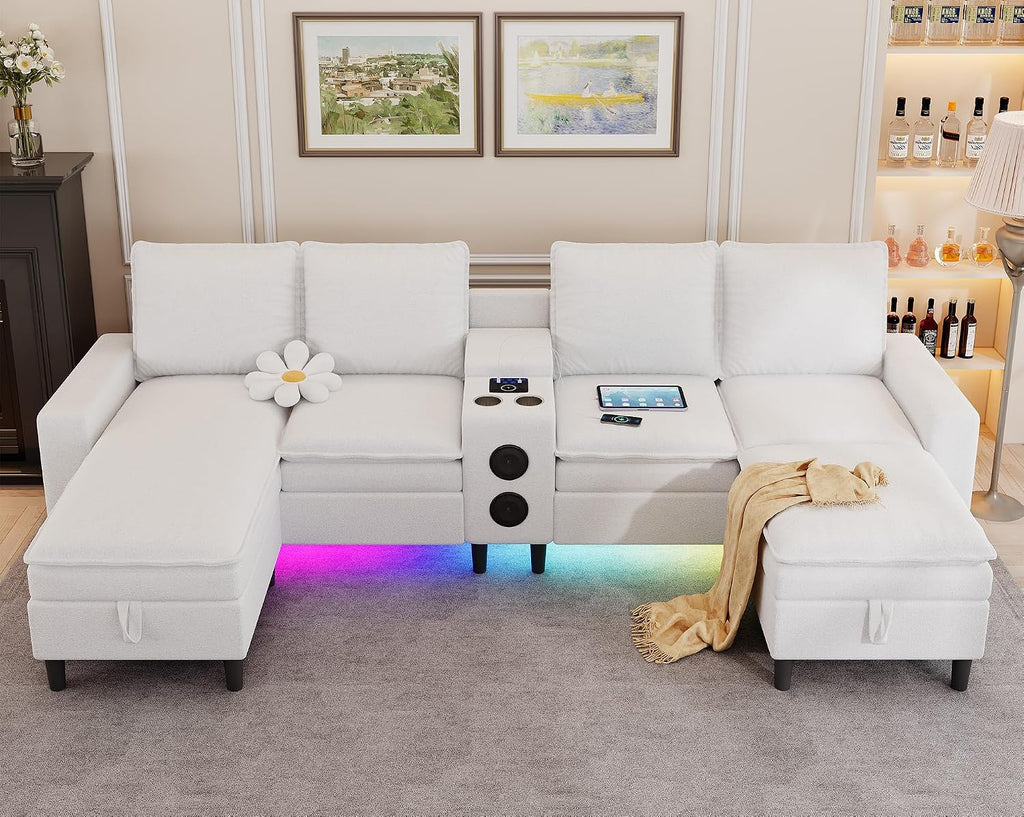 Sectional Couches for Living Room, 4 Seat Sectional Sofa with Smart Module-Bluetooth Speaker/RGB Light/Charging Station, Teddy Fleece U Shaped Cloud Couch with Storage Ottoman (White)