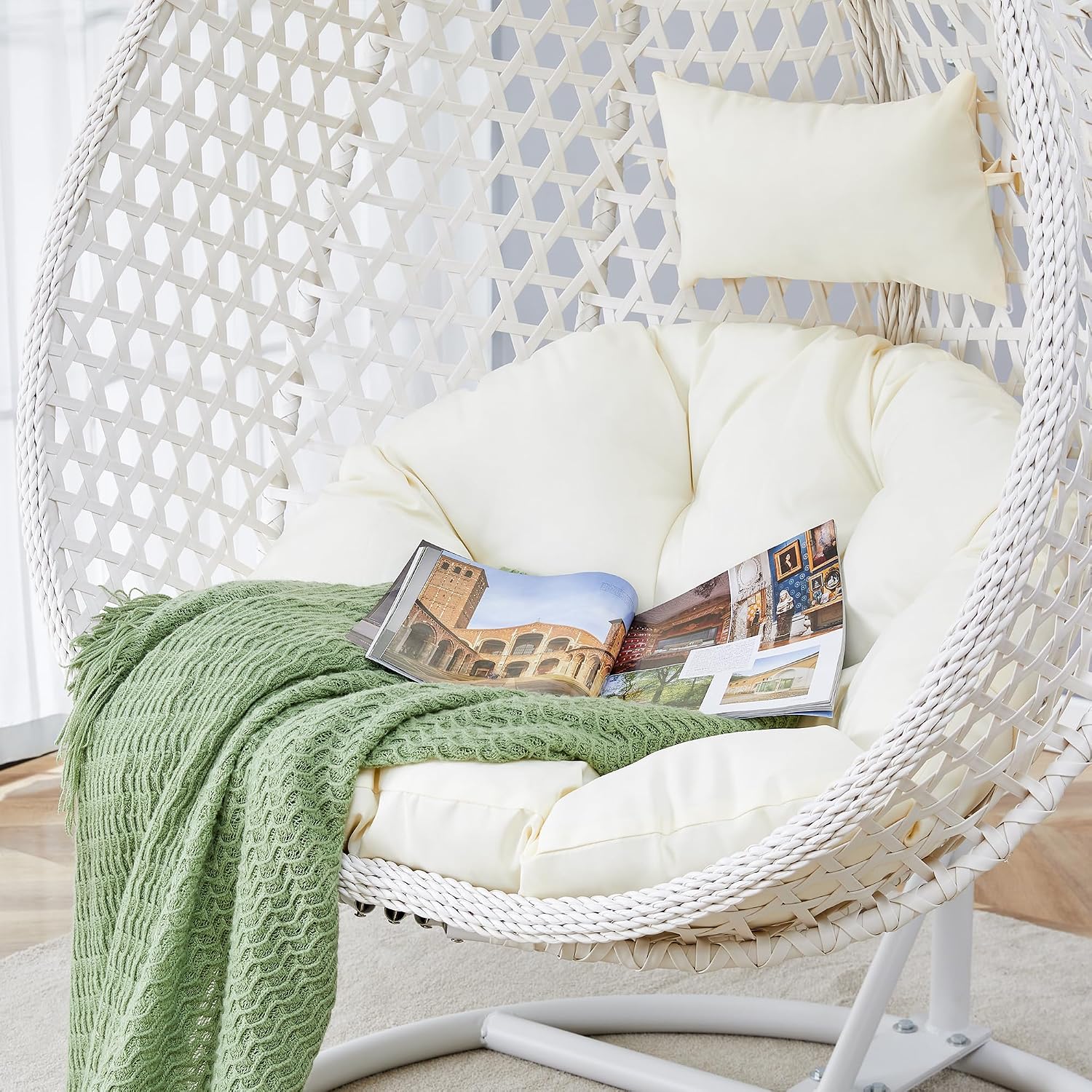 Egg Chair Indoor Outdoor, Hanging Chair for Bedroom, Swing Chair Hammock with Stand & Cushions, Comfy Swinging Adult Reading for Patio Balcony Backyard, Heavy Duty 350LBS, White