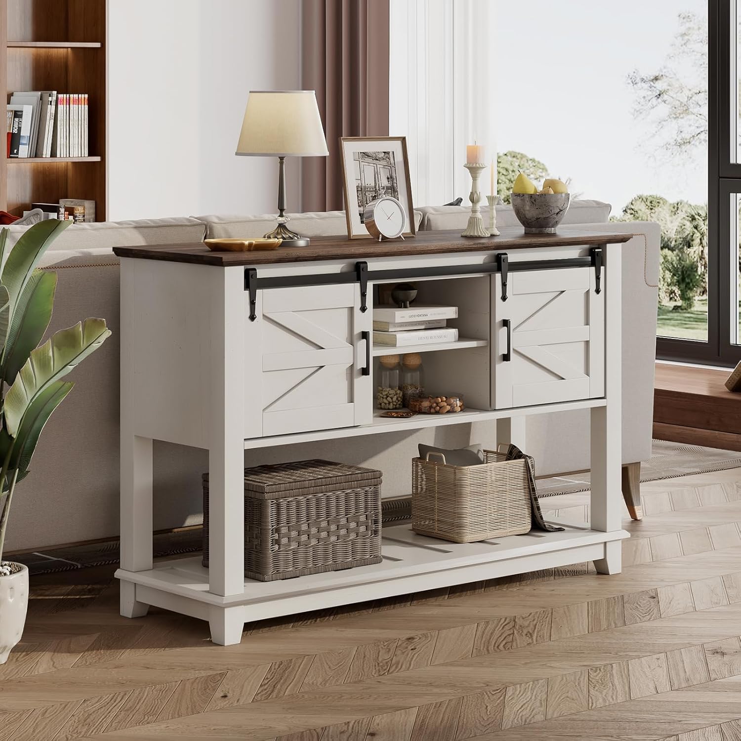 LUXOAK Farmhouse Entryway Table with Sliding Barn Doors, 46' Sofa Table for Living Room, Console Table with Storage Hallway Entrance Table, Antique White