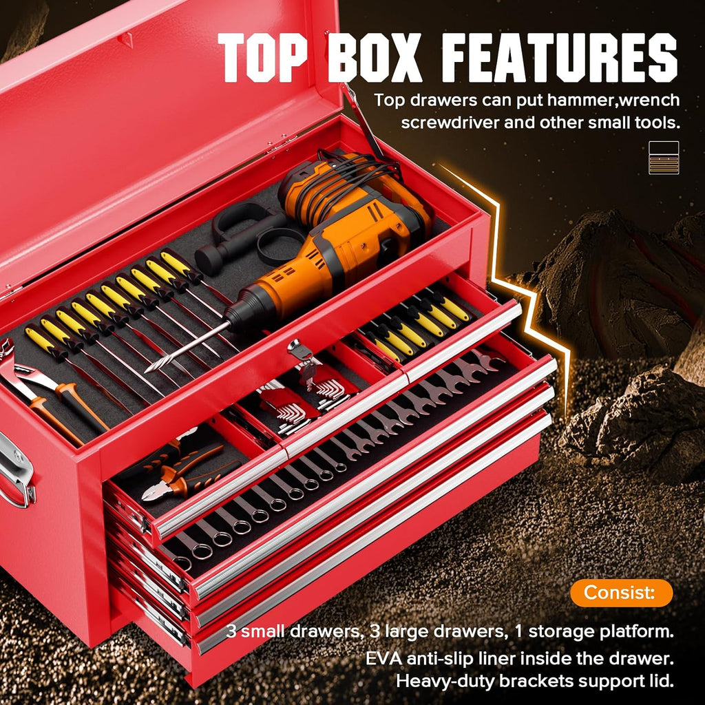 Crownland 8-Drawer Rolling Tool Chest with Wheels, Lockable 2 in 1 Detachable Tool Cabinet wit Drawers and Black Liners, Garage Top Toolbox & Bottom Storage Cart with Side Hooks(Red)