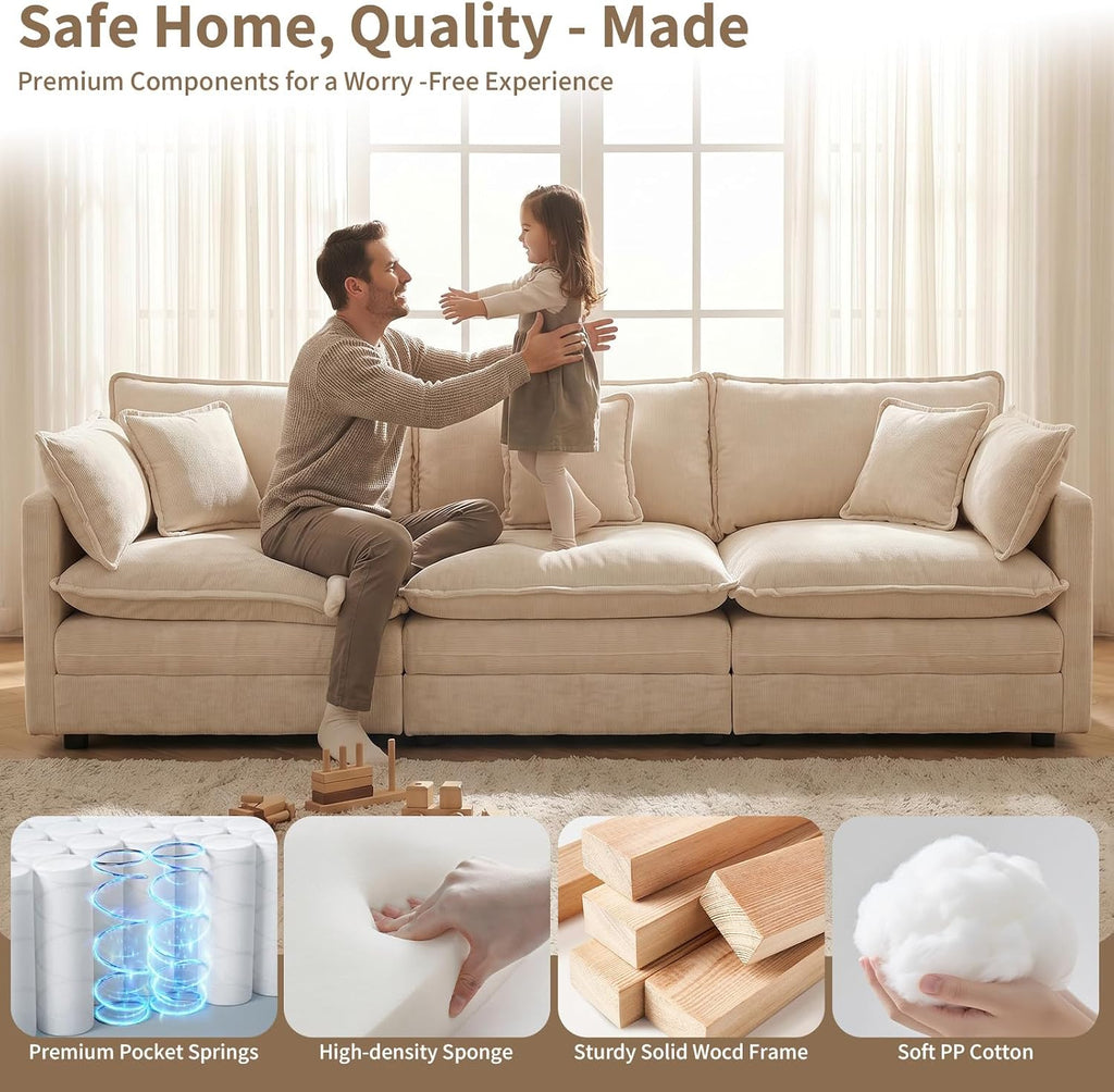 GNIXUU 111.5' Modern Cloud Sofa Couch, Chenille Comfy 3 Seat Sofa Couch with Pillows & Armrest for Living Room, Bedroom, Deep Seat Sofa(Camel)