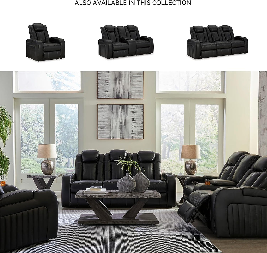 Signature Design by Ashley Caveman Den Modern Faux Leather Power Reclining Sofa with Adjustable Headrest, Drop Down Table, Electrical Outlets and LED Reading Lights, Black