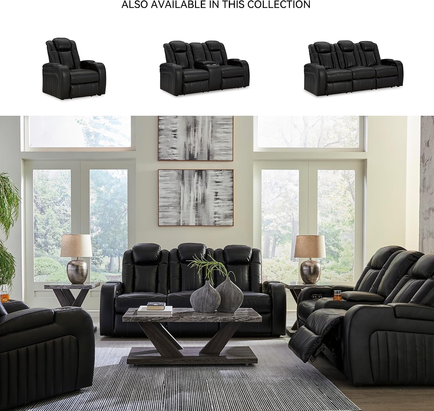 Signature Design by Ashley Caveman Den Modern Faux Leather Power Reclining Sofa with Adjustable Headrest, Drop Down Table, Electrical Outlets and LED Reading Lights, Black