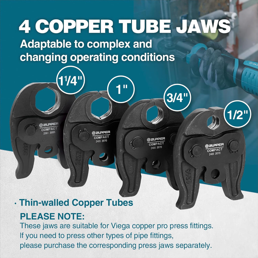 ZUPPER Press Tool, 18V Electric Pipe Crimping Tool for 1/2' to 1-1/4' Copper Pipes, Compact Press Tool Kit Suitable for Copper ProPress fittings - with Brushless Motor, 4 VUS Press Jaws, 2pcs Battery