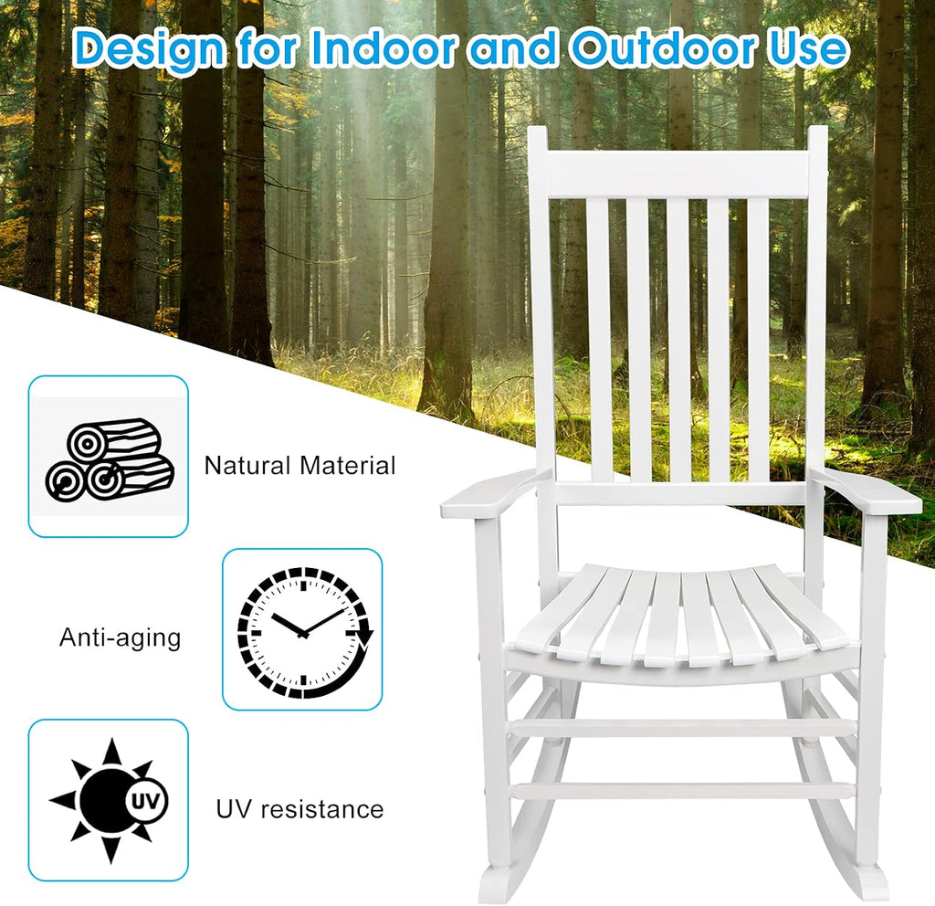Rocking Chair Wooden Frame Chair Indoor and Outdoor Fade Resistant Rocker with 350lbs Weight Capacity All Weather Porch Rocker for Garden Lawn Balcony Backyard and Patio Porch (1, White)