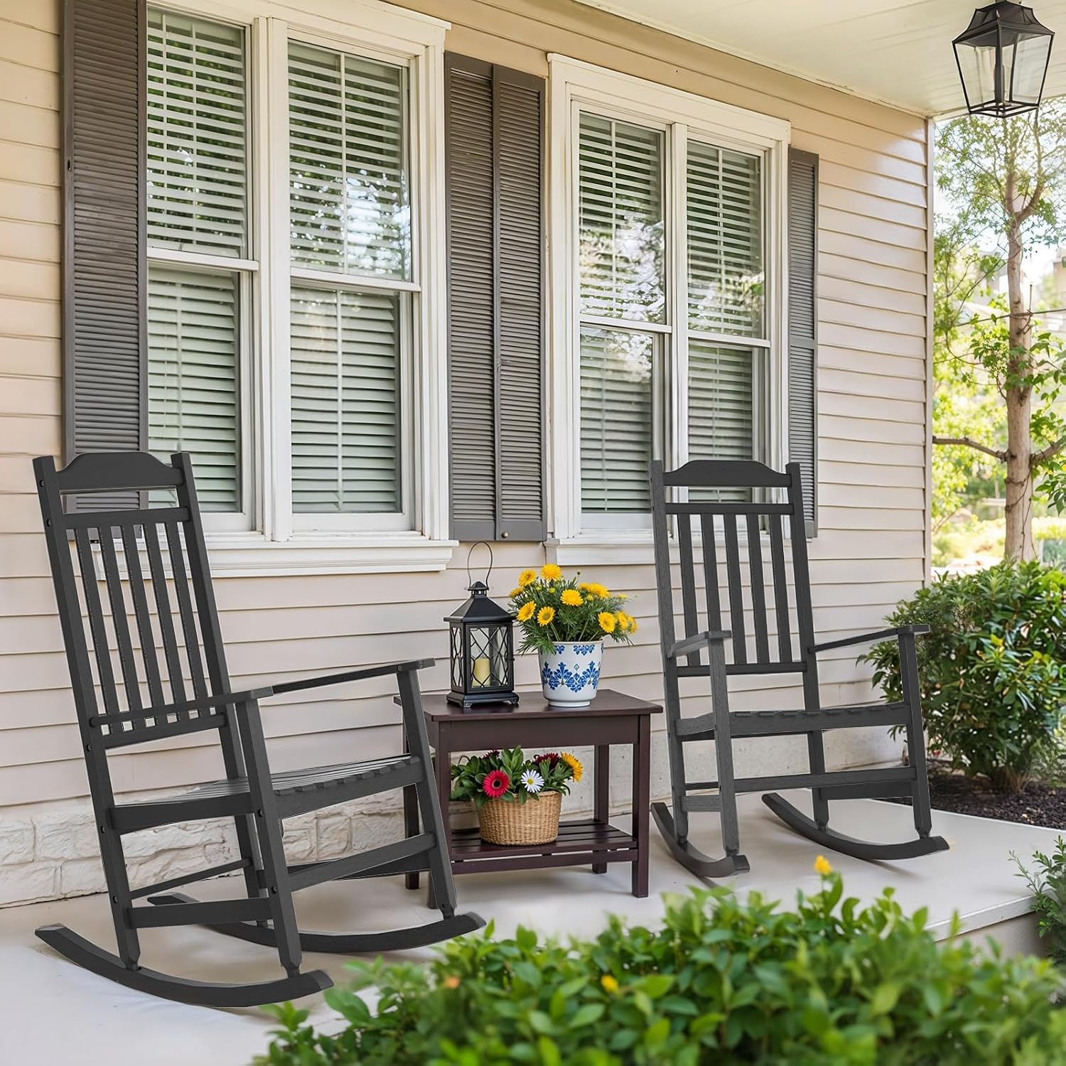 PatioZen Outdoor Rocking Chair Porch Rocker All Weather Resistant Porch Rocker for Lawn Garden High Back Armrest (2,Black)