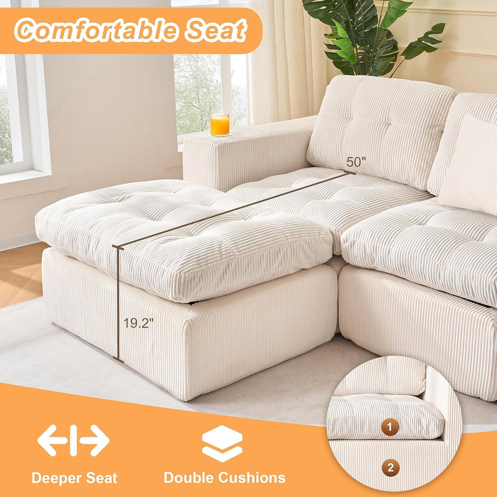 Black L Shaped Modular Cloud Sectional Sofa, Comfy 3 Seater Sectional Couches for Living Room with Cup Holders, Modern L Shape Sofa Set for Living Room Bedroom (Beige)