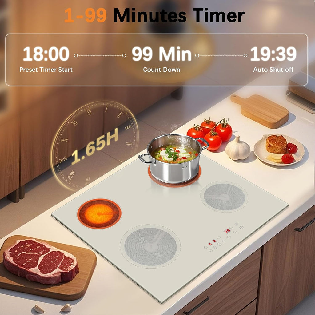 Electric Cooktop 24 Inch - 4 Burner Electric Cooktop Built-in 6000W Beige-Grey, 24 Inches Electrical Four Burner Stove Top with 99-Min Timer, Safety Lock, 220-240V Hard Wired (No Plug)