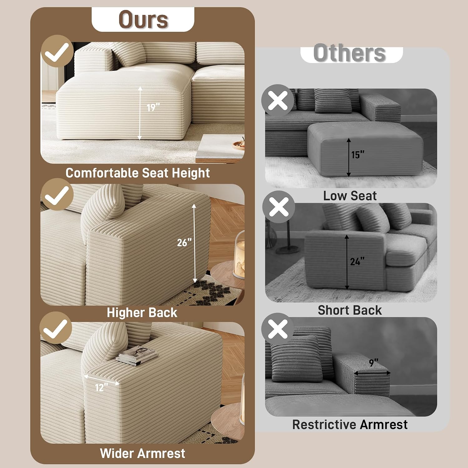 109' L-Shaped Boneless Cloud Sectional Couches, Comfy Corduroy Fluffy Modular Sectional Sofa with Left-Facing Chaise, Deep Seat Memory Foam Plush Couch for Living Room, Small Spaces, Beige White