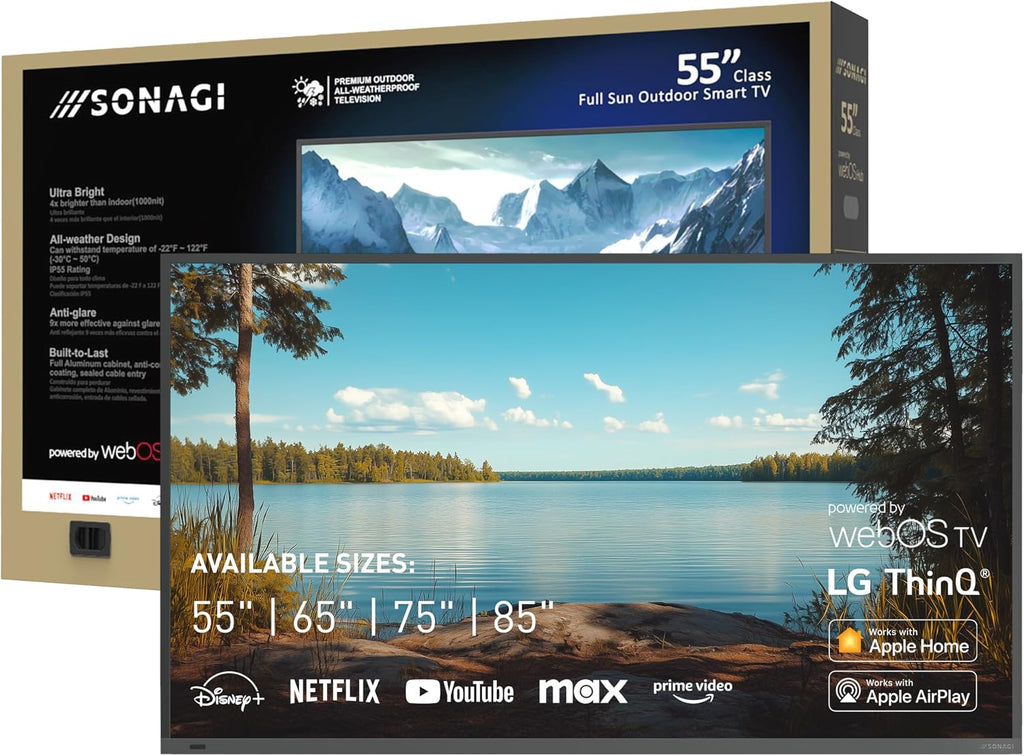 SONAGI Helios 55' Outdoor TV - Anti-Glare, IP65 Water, Dust Resistant Television with 1000-Nit Brightness for Direct Sun All Weather Viewing - Weatherproof 4K UHD Smart TV for Patio and Outside