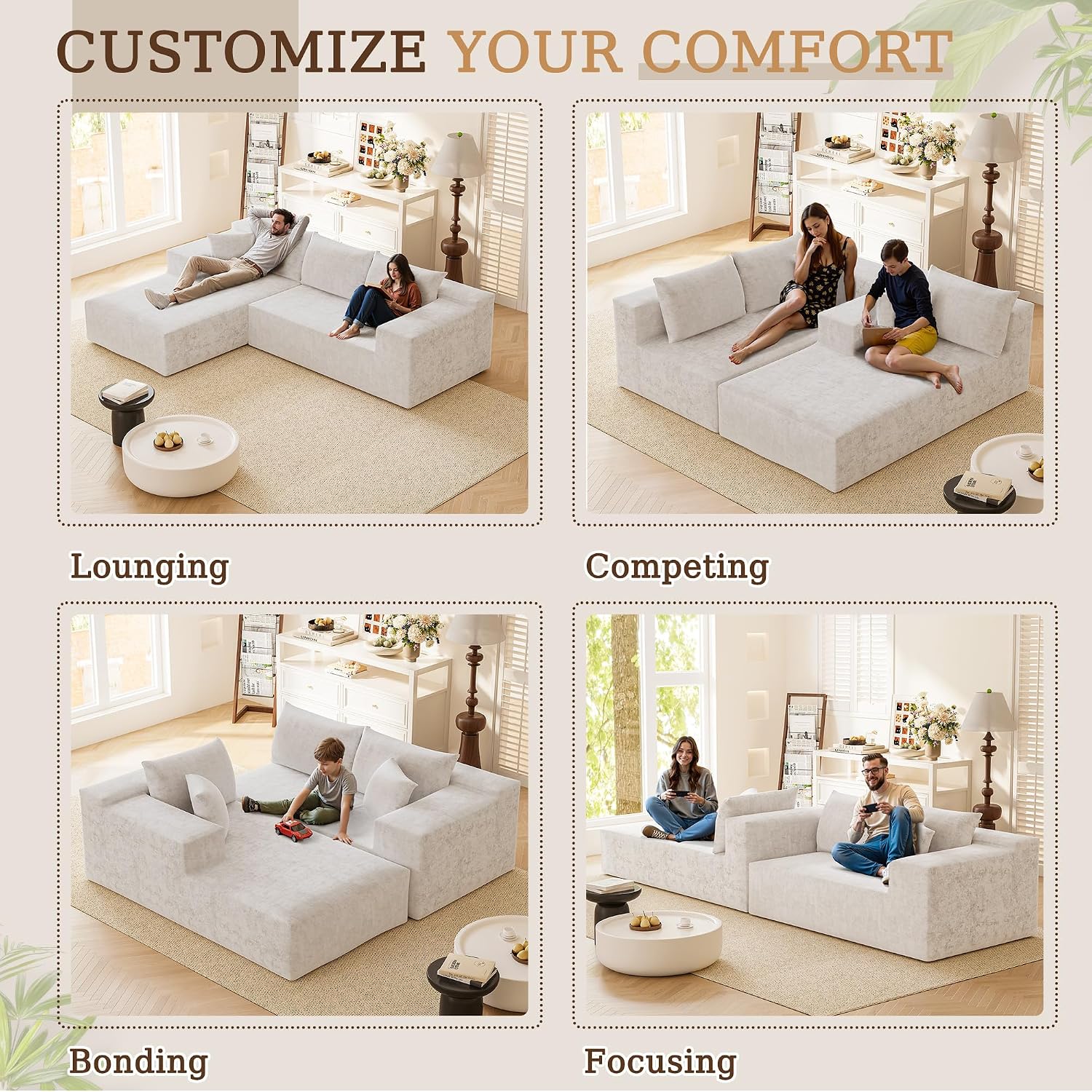 YESHOMY Boneless Couches for Living Room, 108' Sectional Modular Sectional Sofa with Deep Seat, Cloud Comfy Couch with L-Shape Chaise, Easy Assembly (Chenille, Pearl Cream)