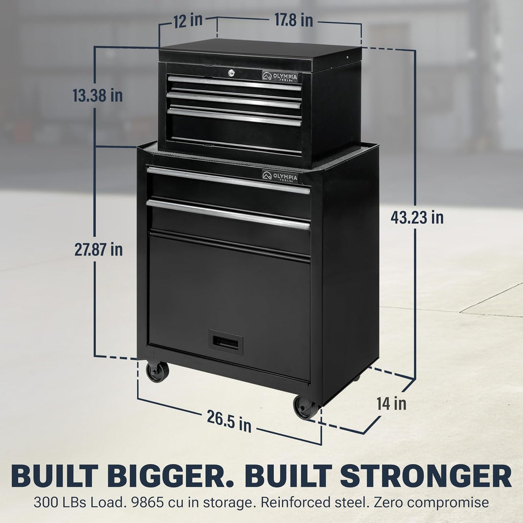 Olympia Tools Tool Chest Cabinet with Drawer - Tool Box with Ball Bearing Fully Extendable Drawers Garage Storage Tools & Equipment (26.5IN Combo Rolling Tool Chest)
