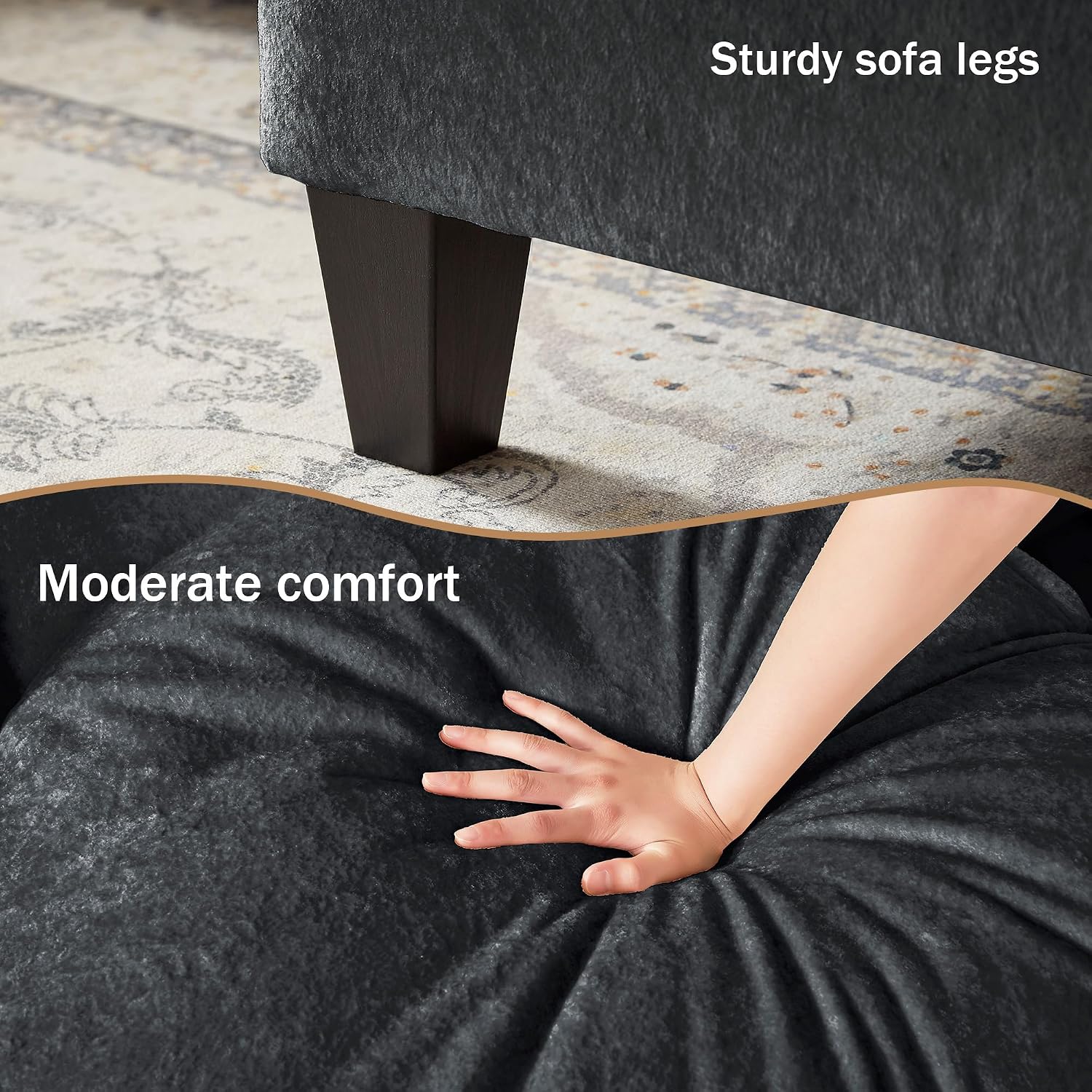 Sectional Couch for Living Room, Modern Polyester Fibre U Shaped Sofa Couches with Double Chaise, Upholstered 4 Seater Sofa for Living Room, Apartment, Office, Black