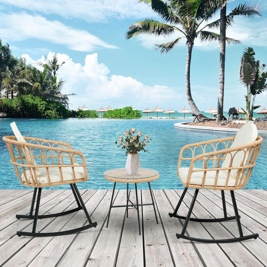 Vikiullf 3 Pieces Rocking Chairs Set - Outdoor Wicker Rattan Rocking Chairs with Thickened Cushions, Boho Patio Furniture, Patio Conversation Bistro Sets, for Balcony Garden Porch Living Room