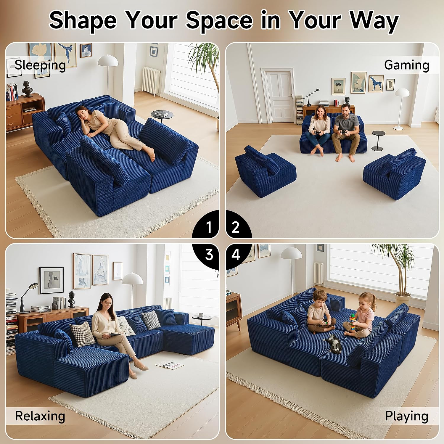 143' Oversized Cloud Boneless Couch with Chaise, Modern Modular Sofa with Deep Seat, Various Combinations Upholstered Couches for Living Room, No Assembly Required, Blue
