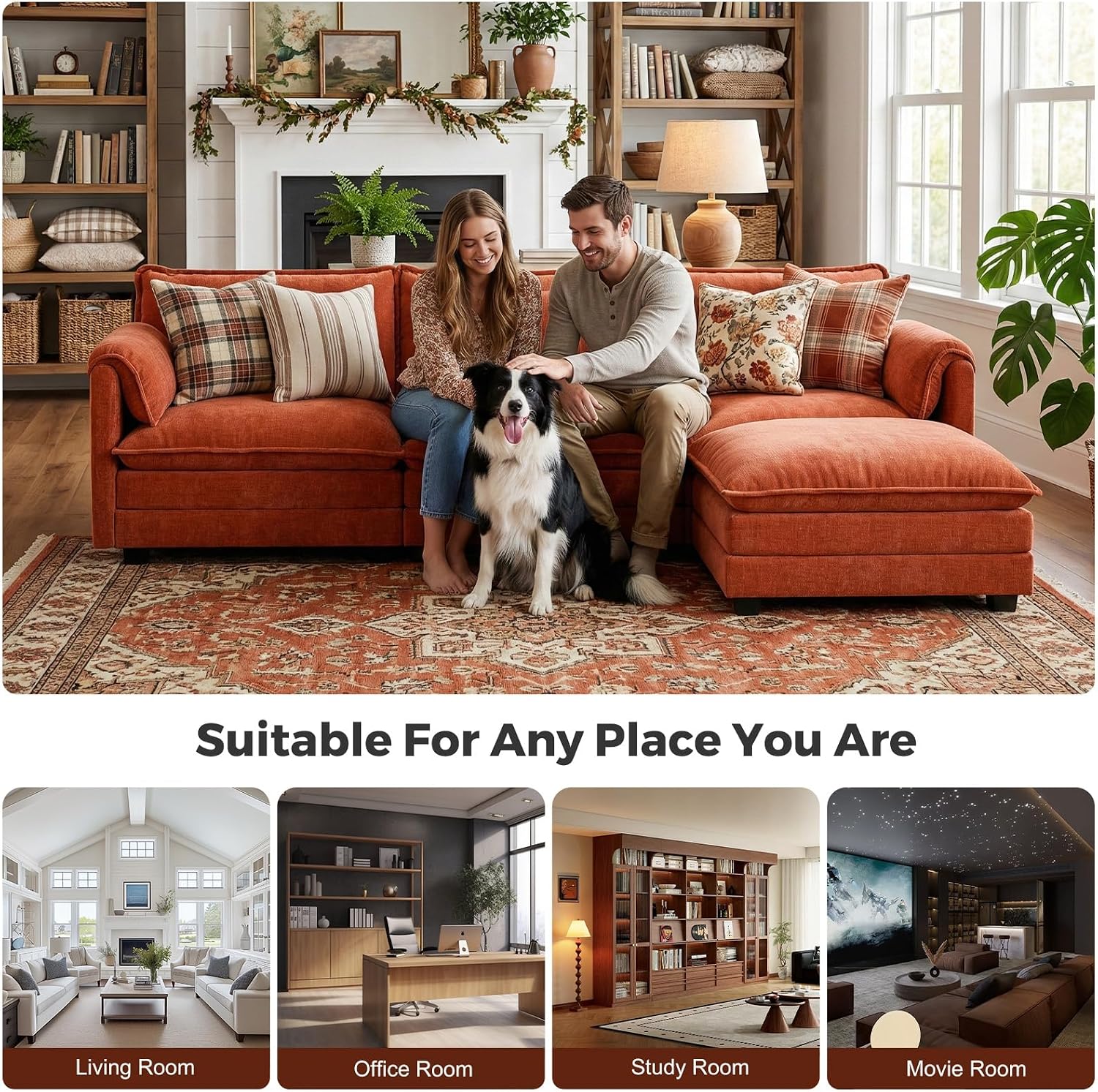 ELUCHANG Oversized 113' Modular Sectional Sofa, Comfy Cloud Couch, L Shaped Deep Seat Sofa Couches for Living Room, 4-Seater Modern Sofa with Movable Ottoman, DIY Combination - Chenille Terracotta