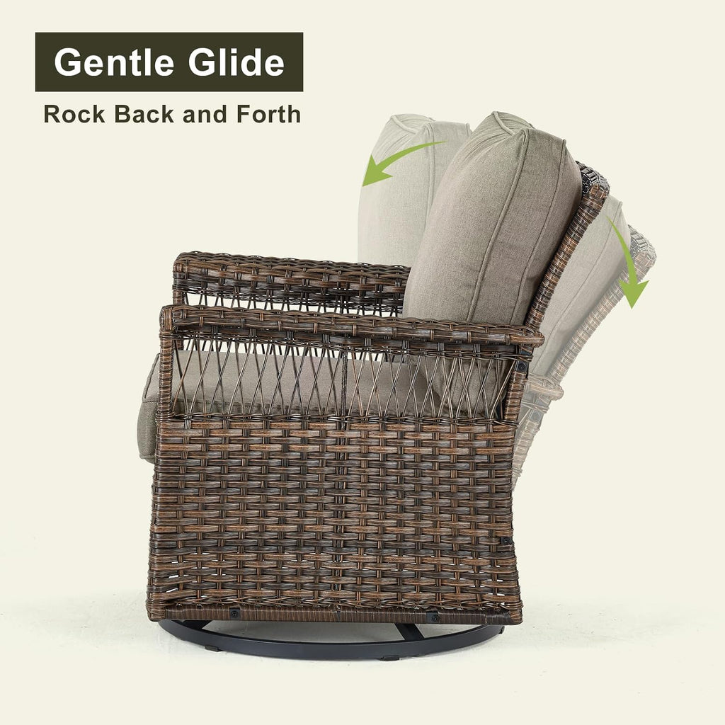 Outdoor Patio Rocking Swivel Chairs - 2PC Wicker Patio Furniture Rocker Chair Set,Rattan Glider Chair with Sturdy Frame,All-Weather PE Wicker and Cushions for Deck Porch Balcony(Brown/Grey)